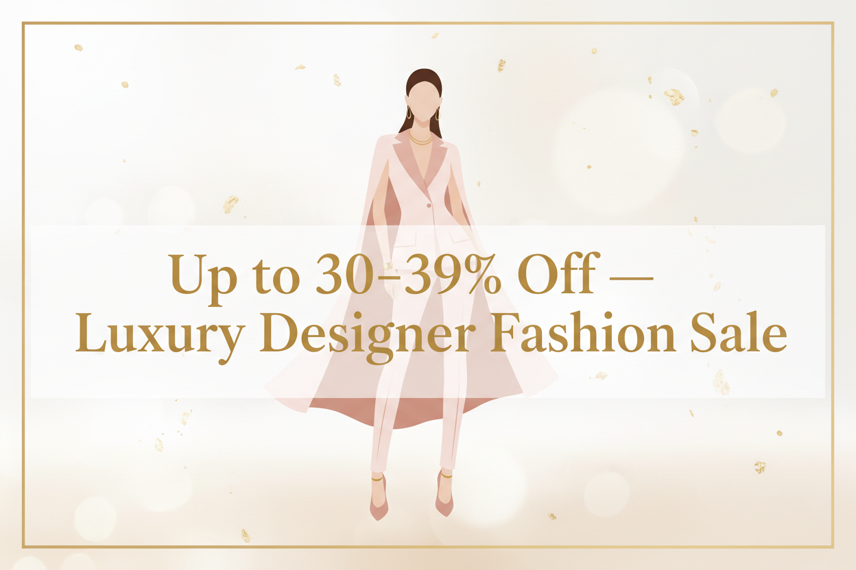 Luxury Designer Fashion Sale — Up to 20–29% Discounts featuring a black designer handbag, Burberry trench coat, white sneakers, sunglasses, Gucci monogram wallet, Valentino accessories, and luxury fashion brands.