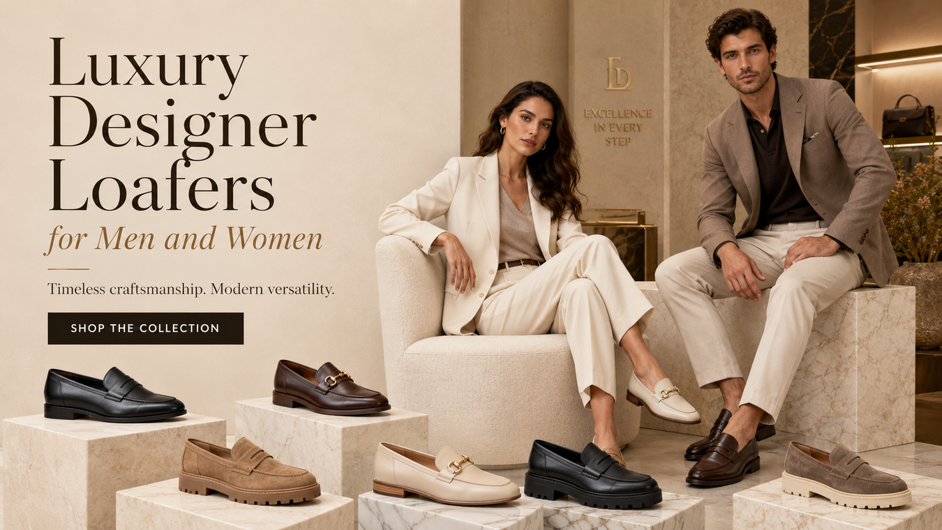 Showcase of Luxury Designer Loafers featuring stylish models displaying various designs, including slip-on styles in elegant materials, promoting modern versatility for both men and women.