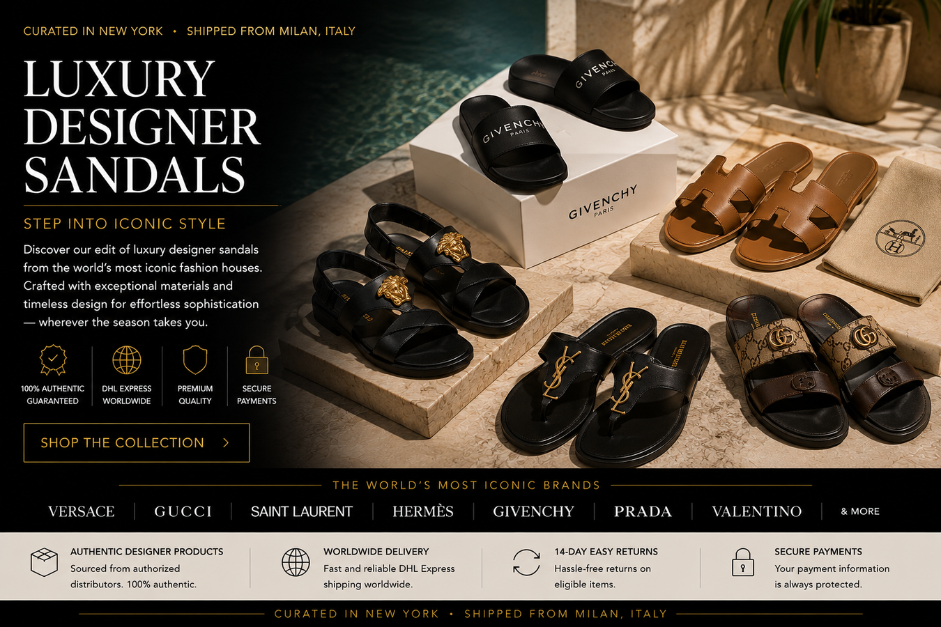 Luxury Designer Sandals displayed in an elegant setting, featuring iconic styles from top brands, inviting fashion enthusiasts to explore the latest trends in chic footwear.