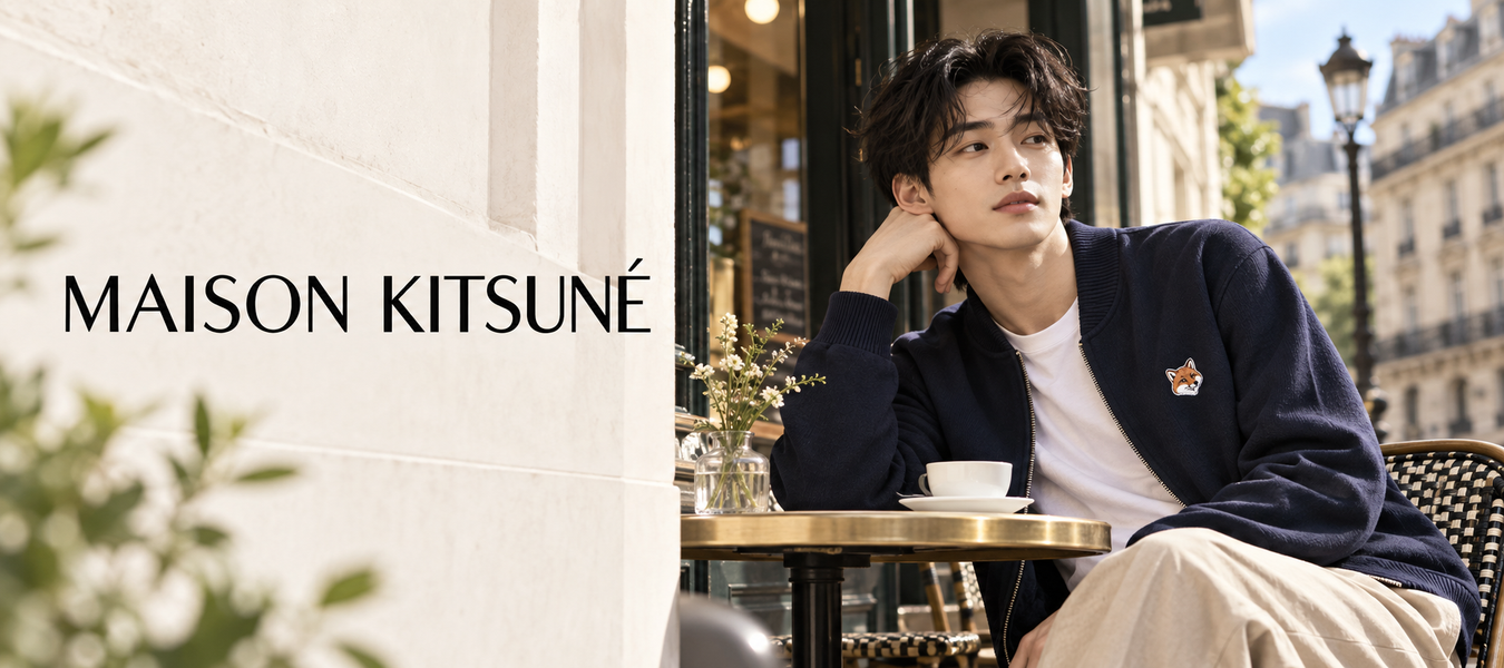 Maison Kitsuné fashion campaign featuring a man in a navy cardigan and white shirt at a Parisian café; shop online fashion Designer Maison Kitsuné at Urbalenti.