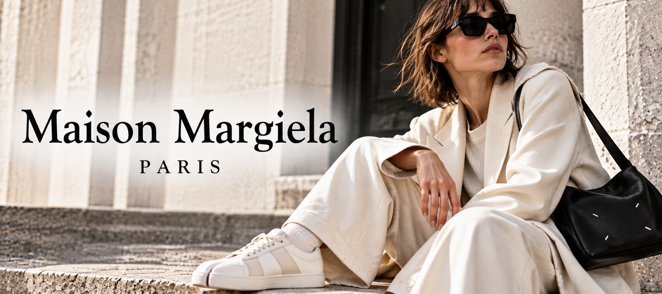 Maison Margiela Paris fashion campaign featuring a woman in a cream outfit, white sneakers, sunglasses, and a black shoulder bag; shop Maison Margiela fashion designer at Urbalenti.
