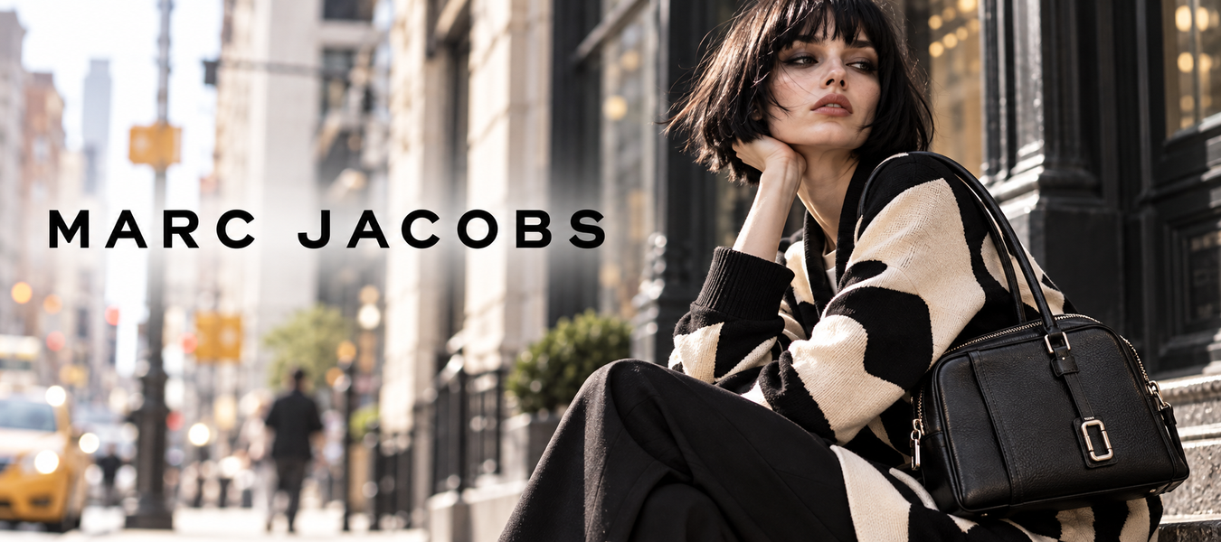 Marc Jacobs woman carrying a black leather shoulder bag on a city street; shop Marc Jacobs shipped from Italy at Urbalenti.