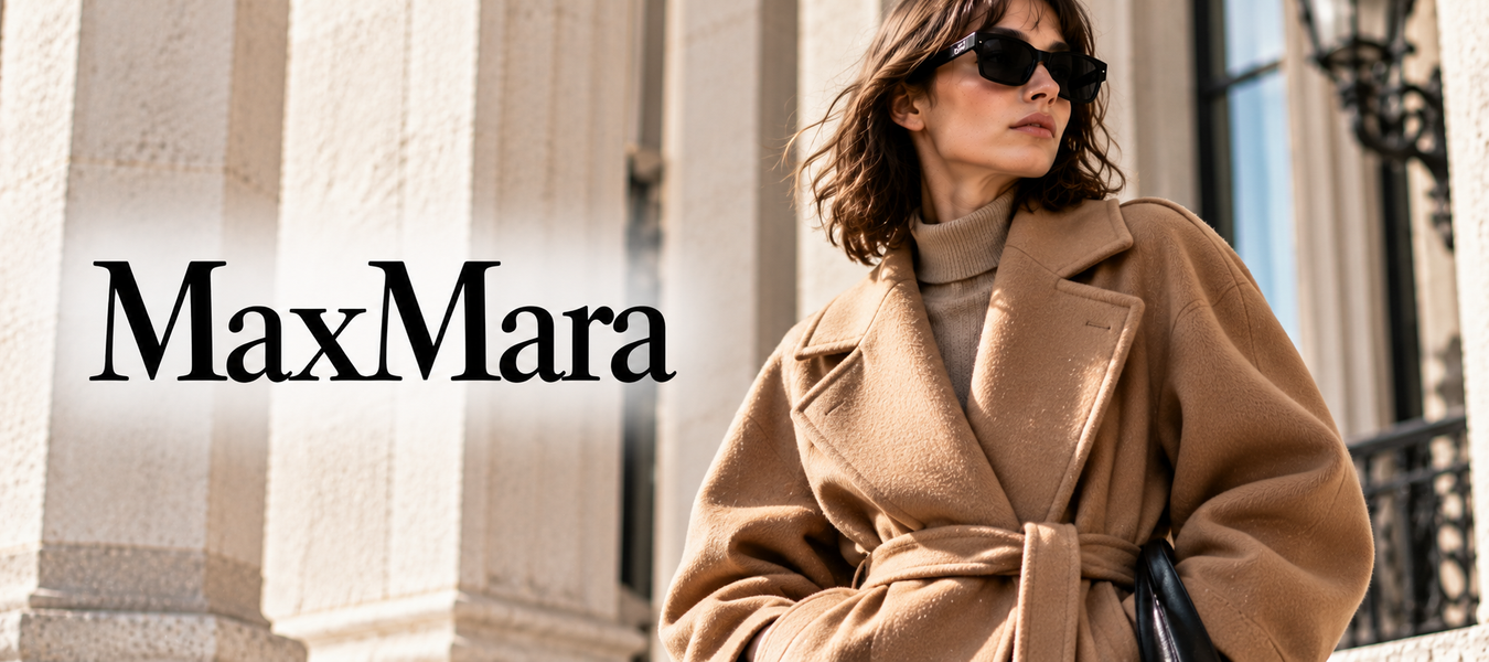 Max Mara woman wearing a camel wool coat and sunglasses outside an elegant building—Shop Max Mara women's luxury fashion at Urbalenti.