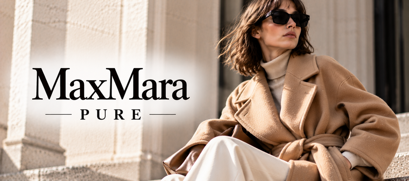 Max Mara Pure fashion collection featuring a woman in a camel coat and sunglasses, showcasing timeless luxury womenswear—shop online Max Mara Pure at Urbalenti.