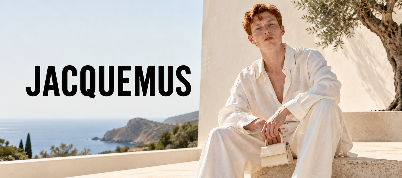 Jacquemus fashion campaign featuring a man in a white outfit relaxing on a Mediterranean terrace beside the sea; Shop luxury fashion designer Jacquemus at Urbalenti.