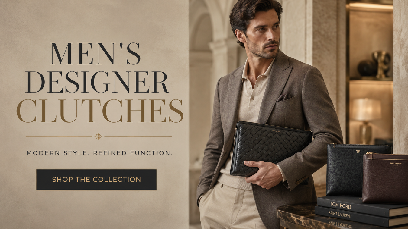 Stylish man showcasing Men's Clutches collection, featuring modern design and refined function, perfect for sophisticated occasions.