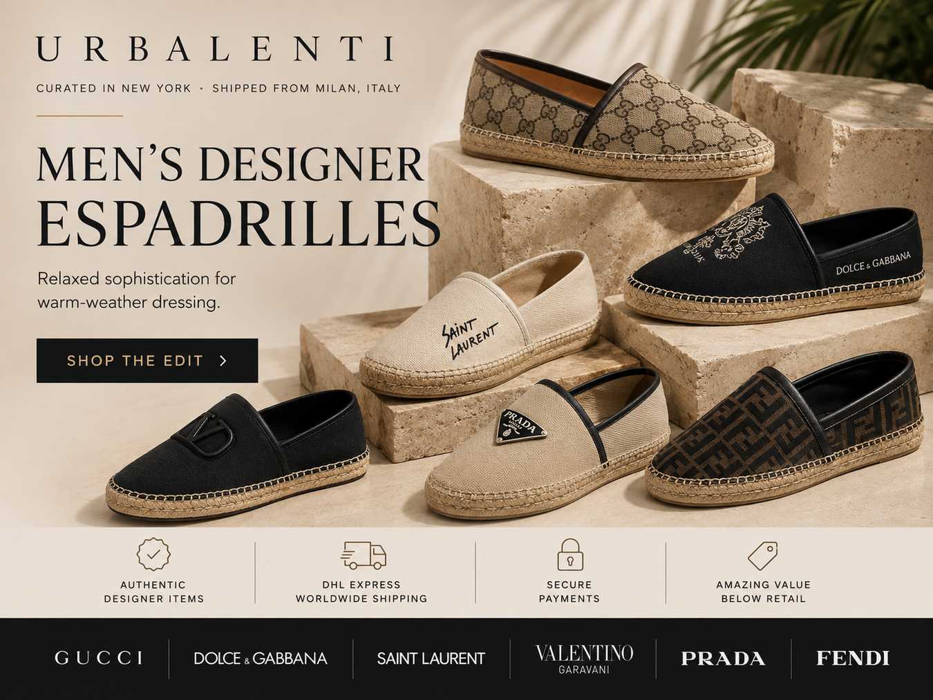 Men's Designer Espadrilles collection featuring luxury styles from top brands, showcasing sophisticated and stylish espadrilles ideal for warm-weather dressing.