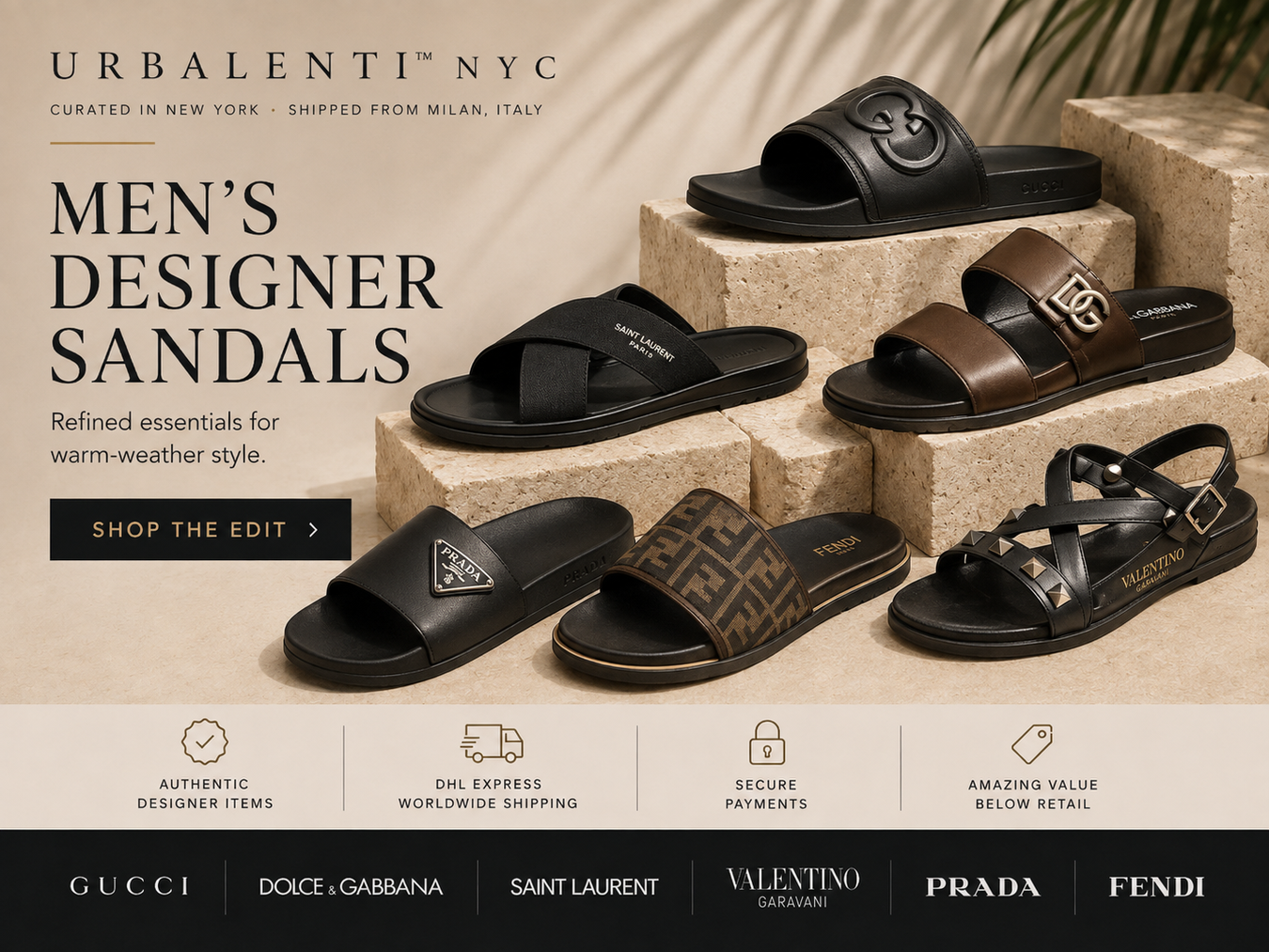 Showcasing a collection of Men's Designer Sandals featuring luxurious styles from Dolce & Gabbana, Prada, and Palm Angels, perfect for warm-weather fashion. Shop premium quality sandals curated for style and comfort.