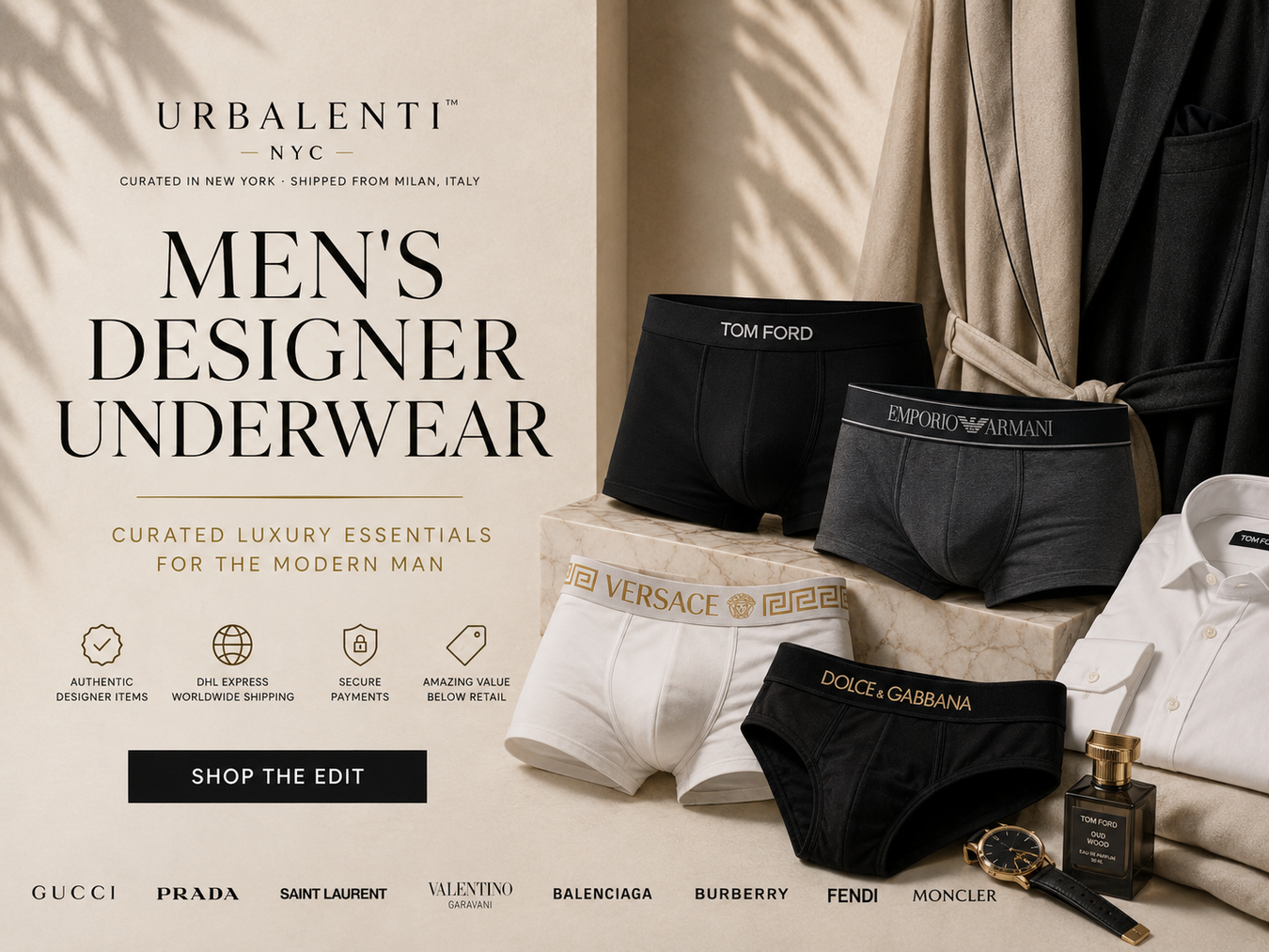 Men's Designer Underwear collection featuring luxurious brands like Versace, Emporio Armani, and Dolce & Gabbana. The image showcases stylish black cotton boxers arranged aesthetically, highlighting curated essentials for the modern man.