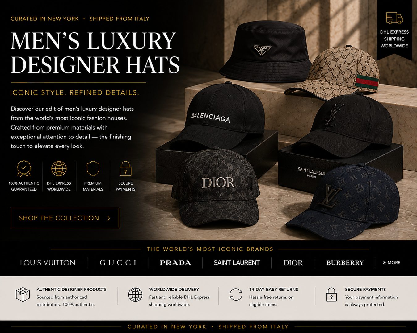 Showcase of Men's Luxury Designer Hats featuring iconic brands like Prada, Gucci, and Dior. Explore high-quality materials and refined styles in this curated collection designed to elevate your fashion.
