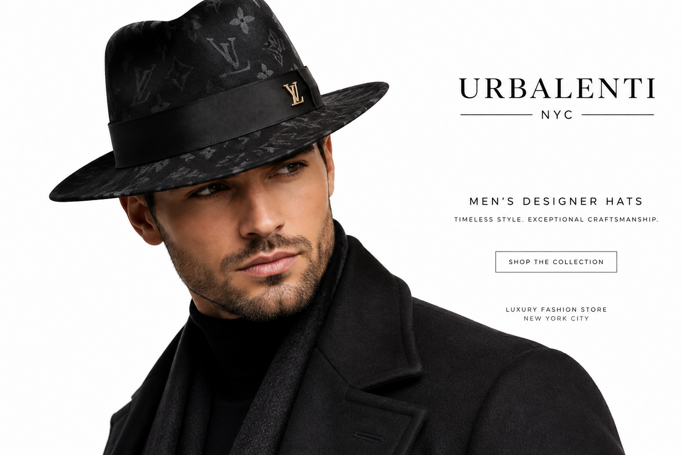 Stylish man wearing a black luxury monogram fedora and black coat in a Men's Designer Hats collection feature; shop Men's Designer Hats now at Urbalenti NYC.