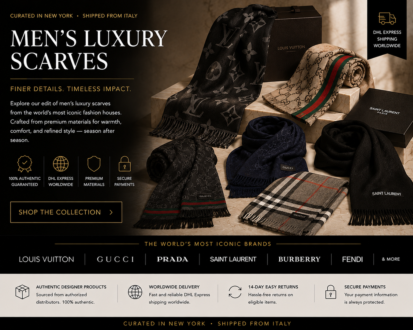 Elegant display of Men's Luxury Scarves featuring iconic brands like Louis Vuitton and Gucci. This image showcases premium scarves made from exquisite materials, highlighting the sophistication and style essential for any wardrobe.