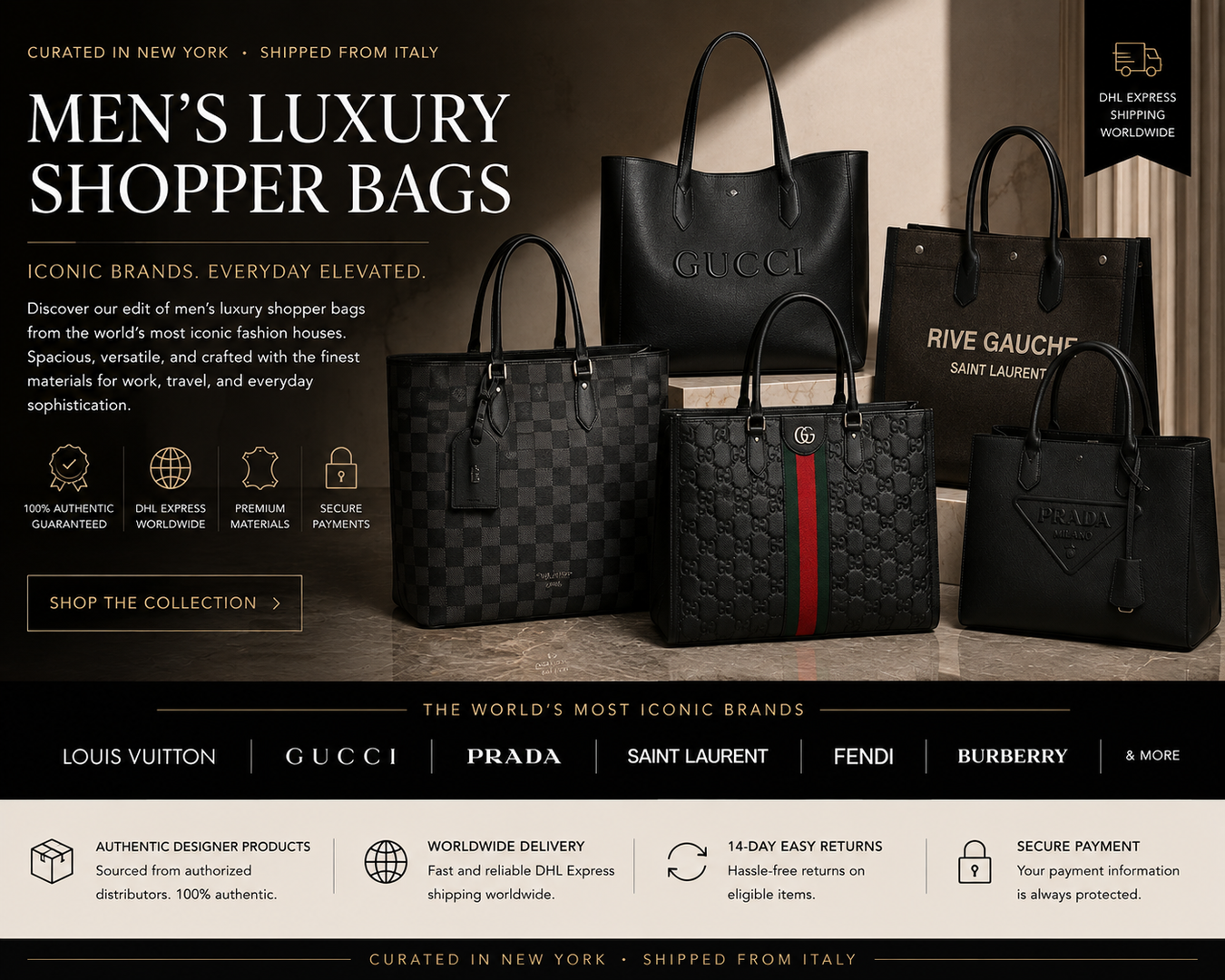 A collection of Men's Luxury Shopper Bags featuring styles from iconic brands like Gucci and Fendi, perfect for the modern man's sophisticated taste.