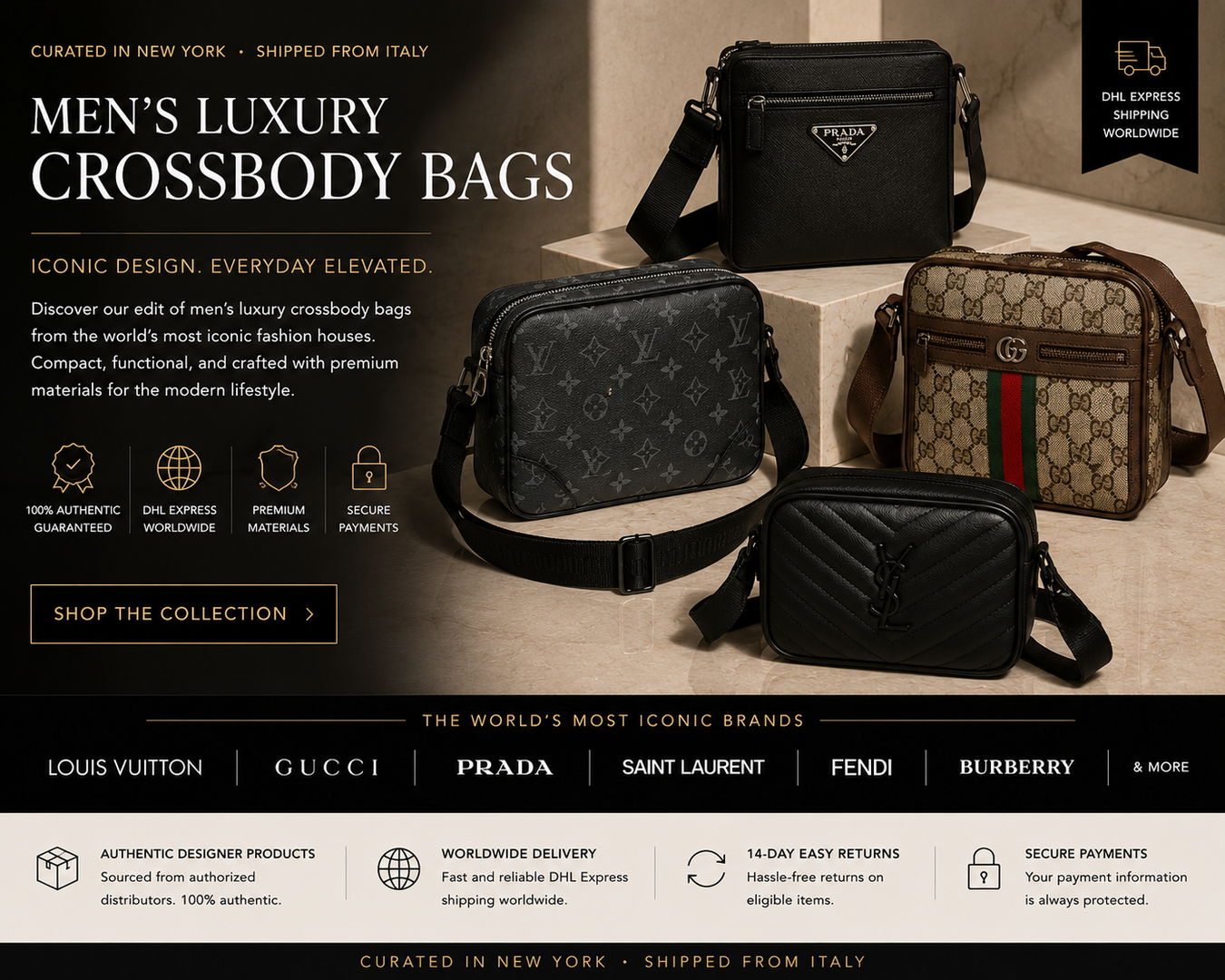 An elegant display of men's luxury crossbody bags featuring premium designs from top fashion houses. Discover stylish options for the modern man in our collection of Men's Luxury Crossbody Bags, designed for functionality and sophistication.