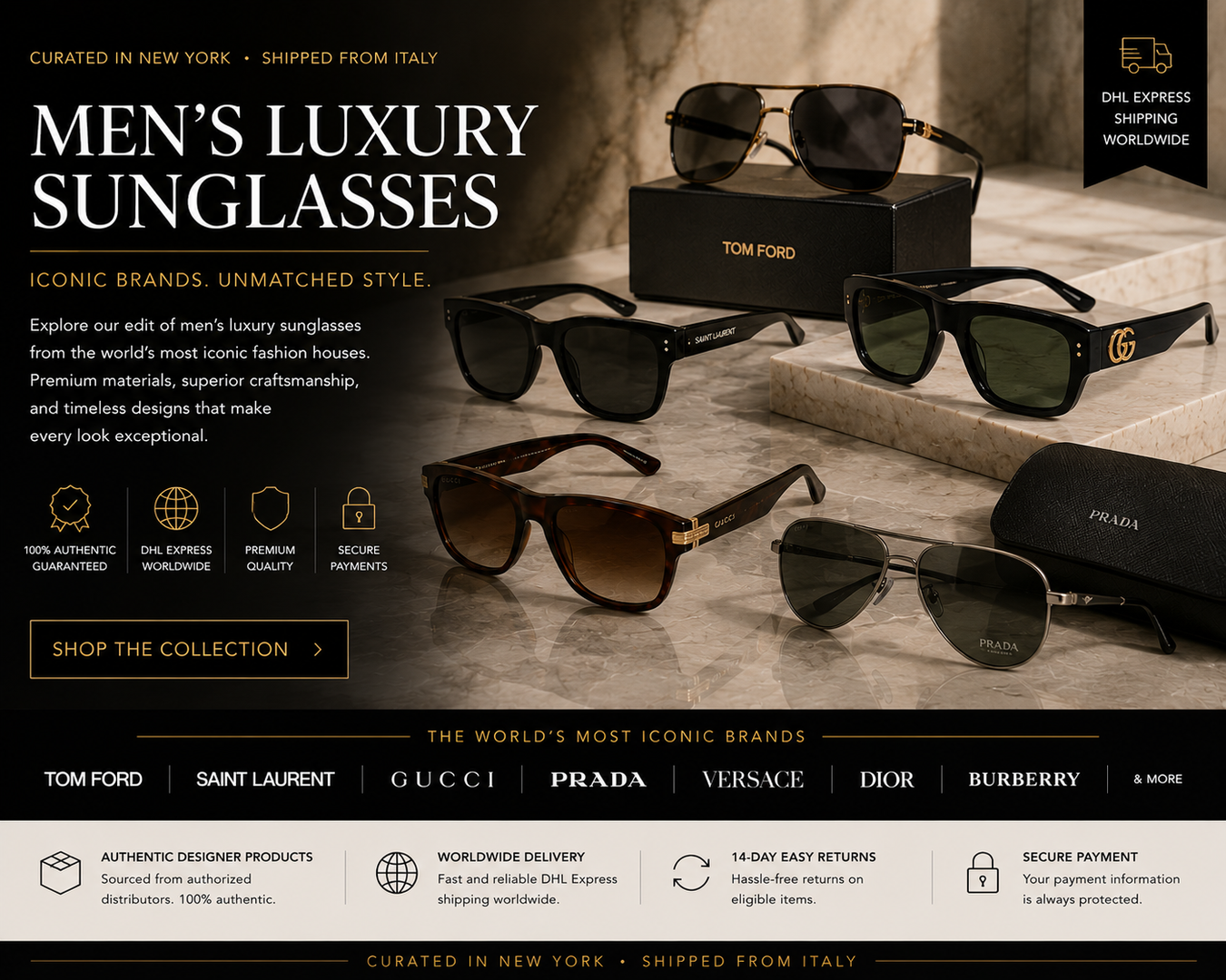 Men's Luxury Sunglasses collection featuring designer brands like Tom Ford, Gucci, and Prada. Showcasing a variety of styles including black nylon, stainless steel, and brown acetate frames in an elegant display.