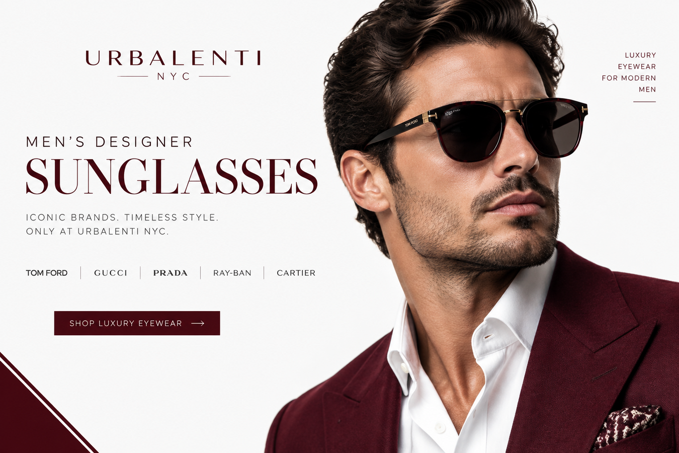 Men's Designer Sunglasses collection banner featuring a stylish man in a burgundy suit wearing black sunglasses, showcasing luxury eyewear from top designer brands. Shop Men's Designer Sunglasses at Urbalenti NYC.