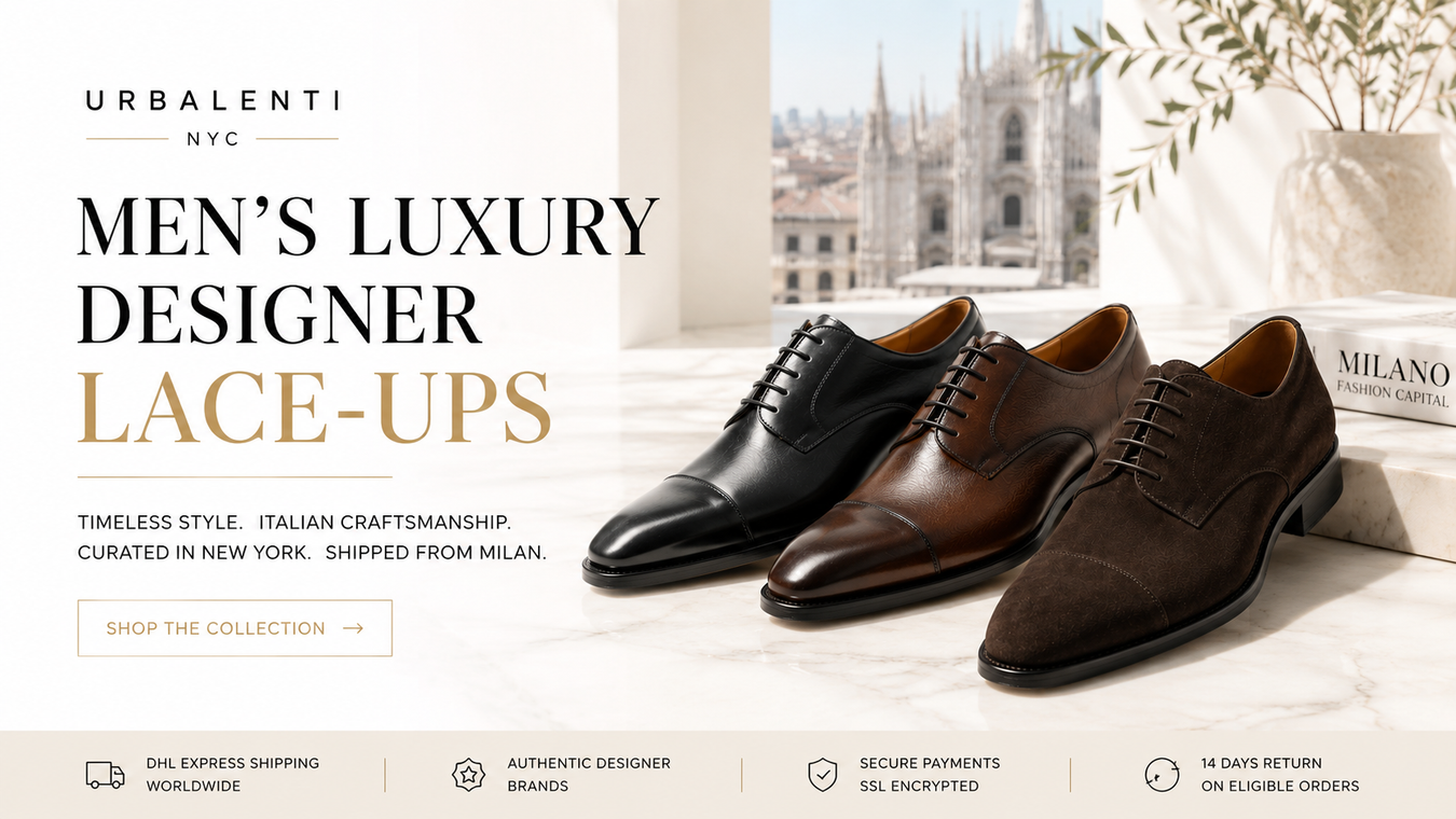 Men's Luxury Designer Lace-Ups displayed elegantly in a sophisticated setting, showcasing high-quality leather shoes in black, brown, and dark grey. Shop curated selections at URBALENTI™ NYC for timeless style and Italian craftsmanship.