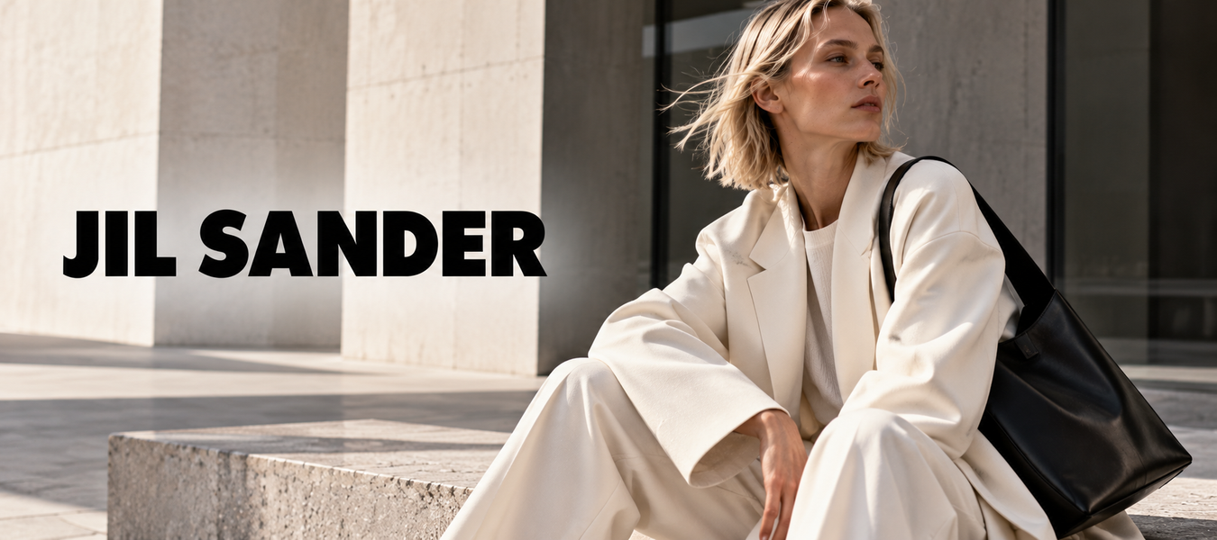Jil Sander fashion designer collection featuring a woman in a cream tailored suit with a black leather bag; Shop Jil Sander Fashion Designer shipped from Italy at Urbalenti.