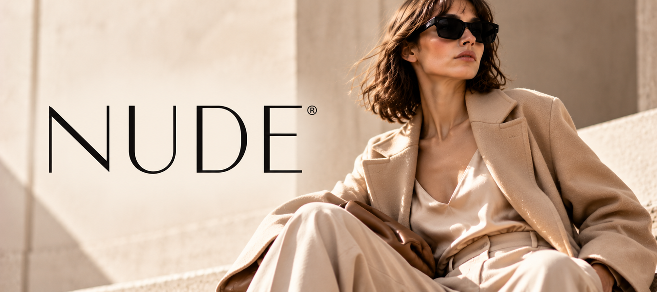 NUDE designer fashion campaign featuring a woman in sunglasses wearing a beige blazer and satin outfit beside the NUDE logo. Shop NUDE shipped from Italy at Urbalenti.