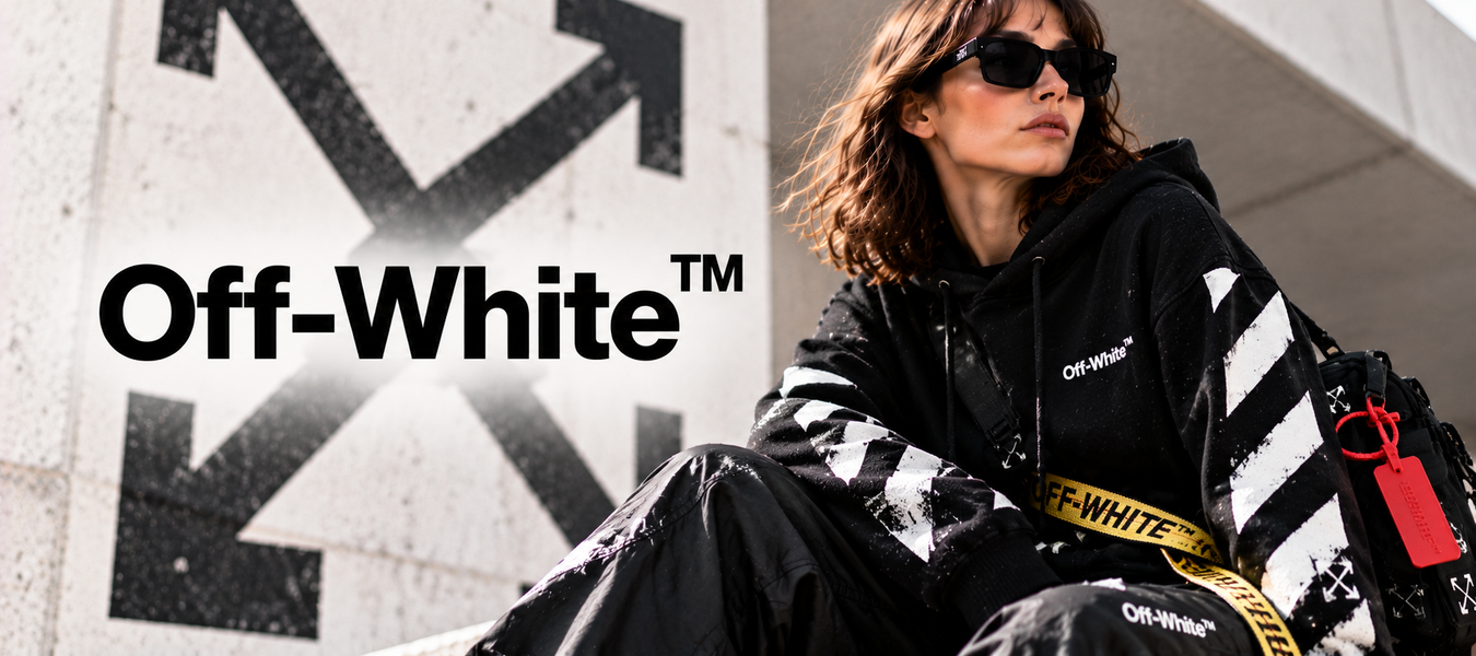Off-White fashion collection banner featuring a woman in a black graphic hoodie, sunglasses, and signature streetwear; Shop Off-White shipped from Europe at Urbalenti.