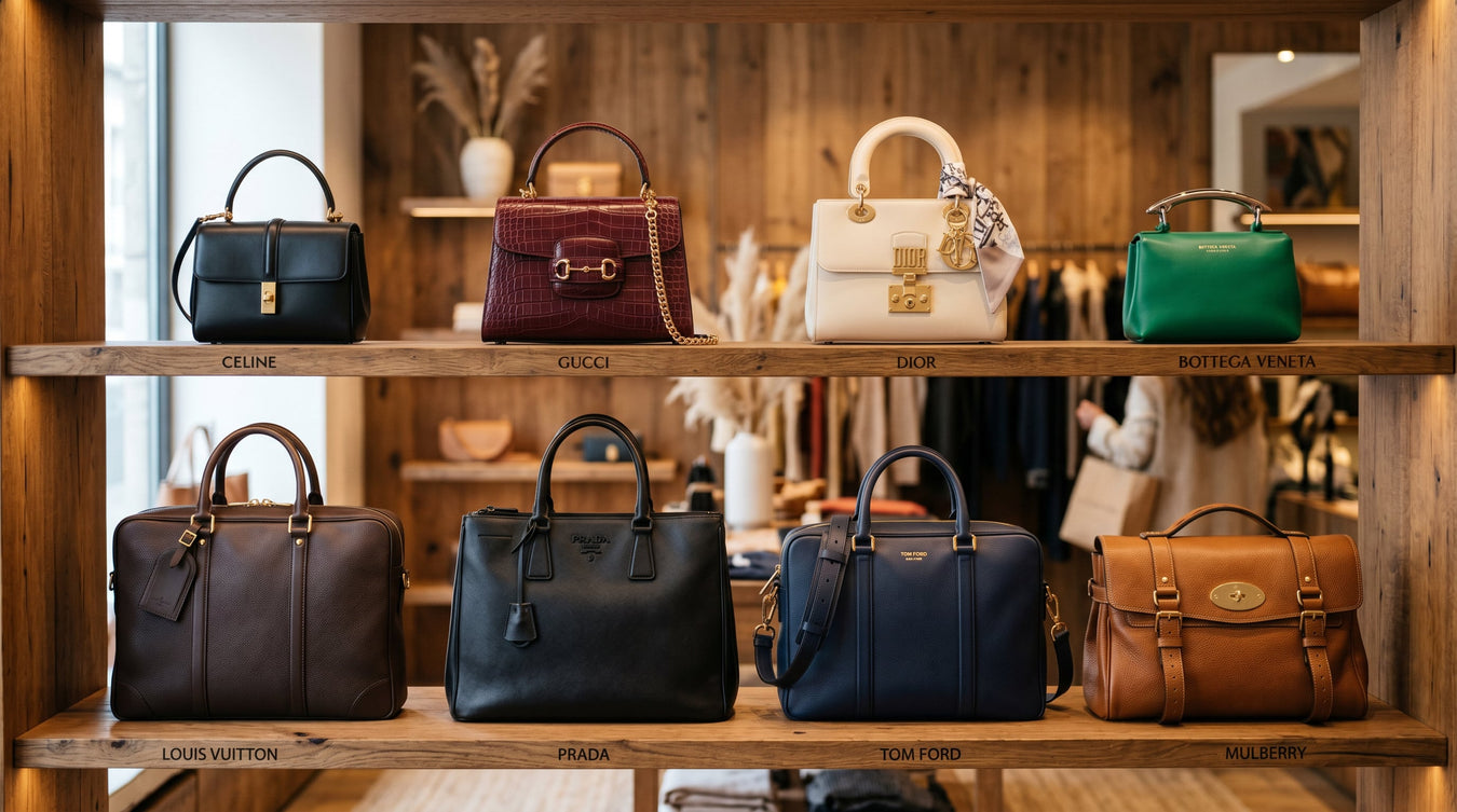 A stylish display of various designer top handle bags from luxury brands such as Celine, Gucci, Dior, and Louis Vuitton, showcasing structured silhouettes and sophisticated craftsmanship. Discover the latest trends in designer top handle bags.