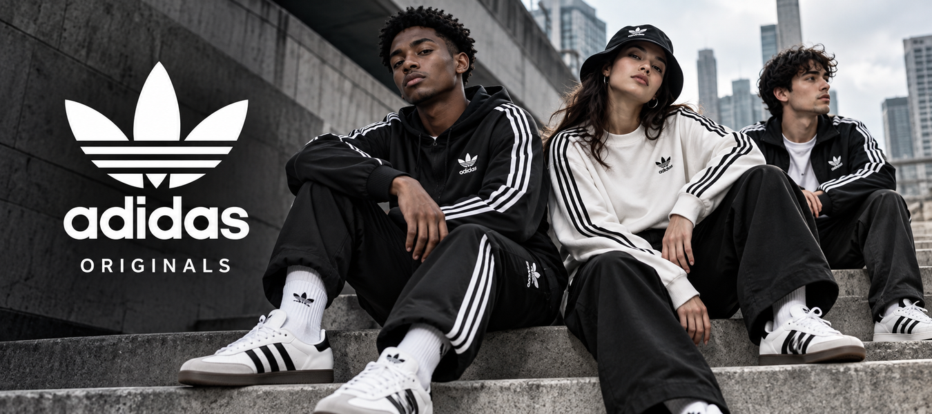 Adidas Originals streetwear campaign with three models wearing iconic athletic apparel and sneakers beside the Adidas trefoil logo. Shop online Adidas Originals shipped from Italy at Urbalenti.