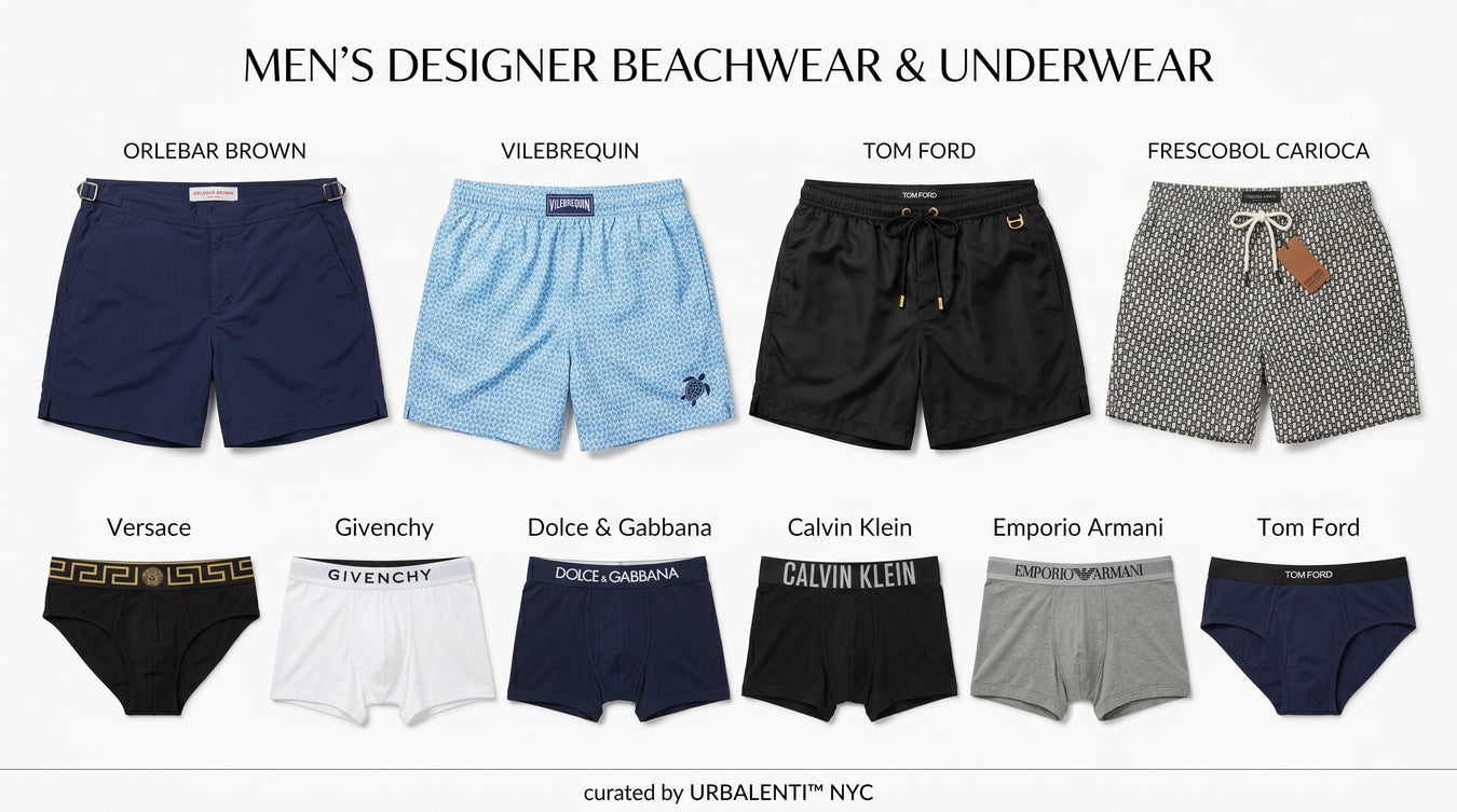 A stylish array of men's designer beachwear and underwear featuring premium swimsuits and briefs from leading brands like Versace, Givenchy, and more. Shop now for exclusive designer beachwear & underwear options curated by URBALENTI™.