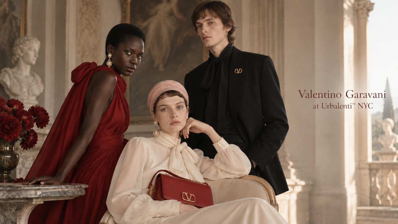 Valentino Garavani Designer Collection campaign featuring three models in elegant luxury fashion, including a red gown, black tailoring, cream blouse, and red Valentino Garavani handbag at Urbamenti NYC; Valentino Garavani Collection