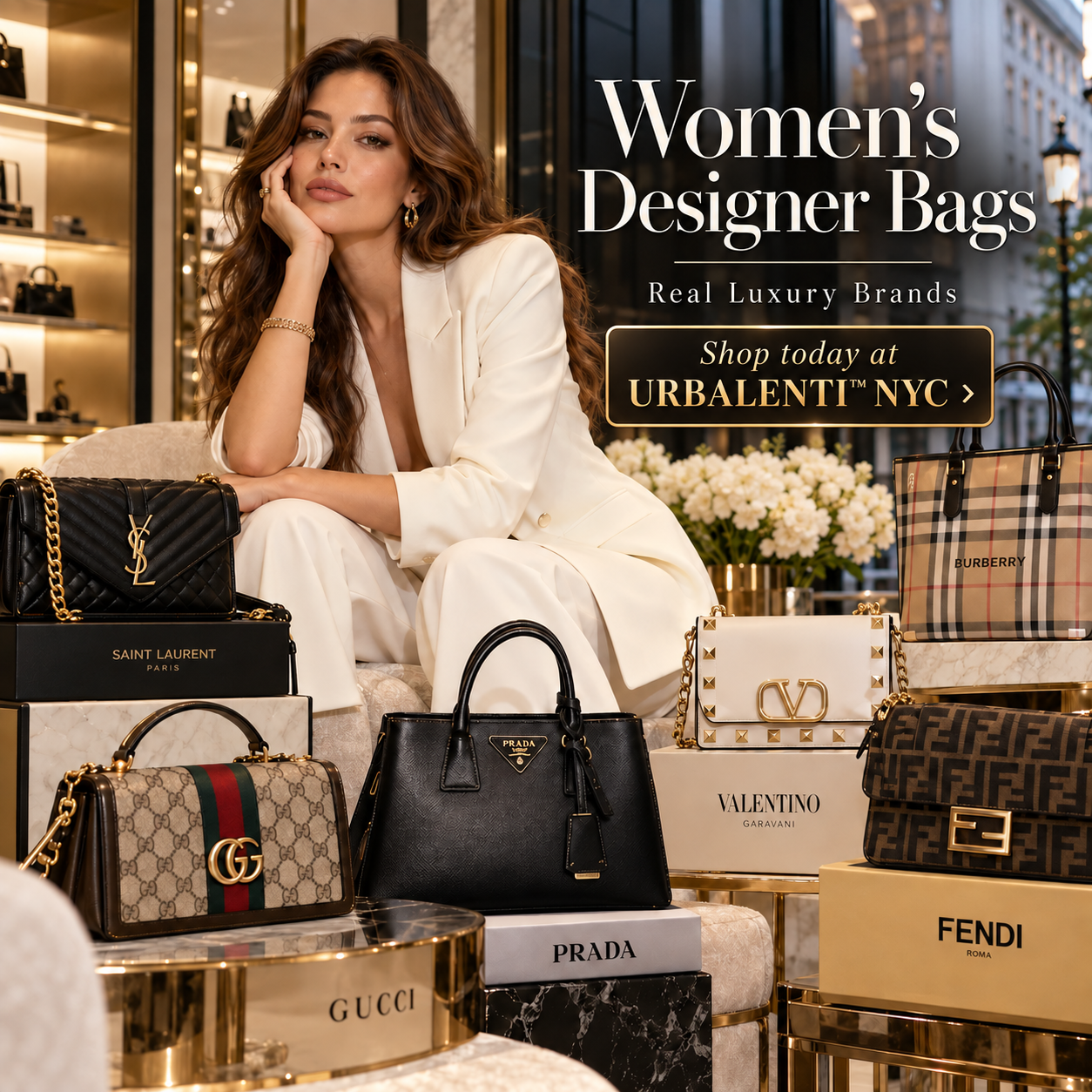 Women's Designer Bags collection featuring luxury Saint Laurent, Gucci, Prada, Valentino, Burberry, and Fendi handbags displayed with a fashion model. Shop Women's Designer Bags Now at Urbalenti NYC.