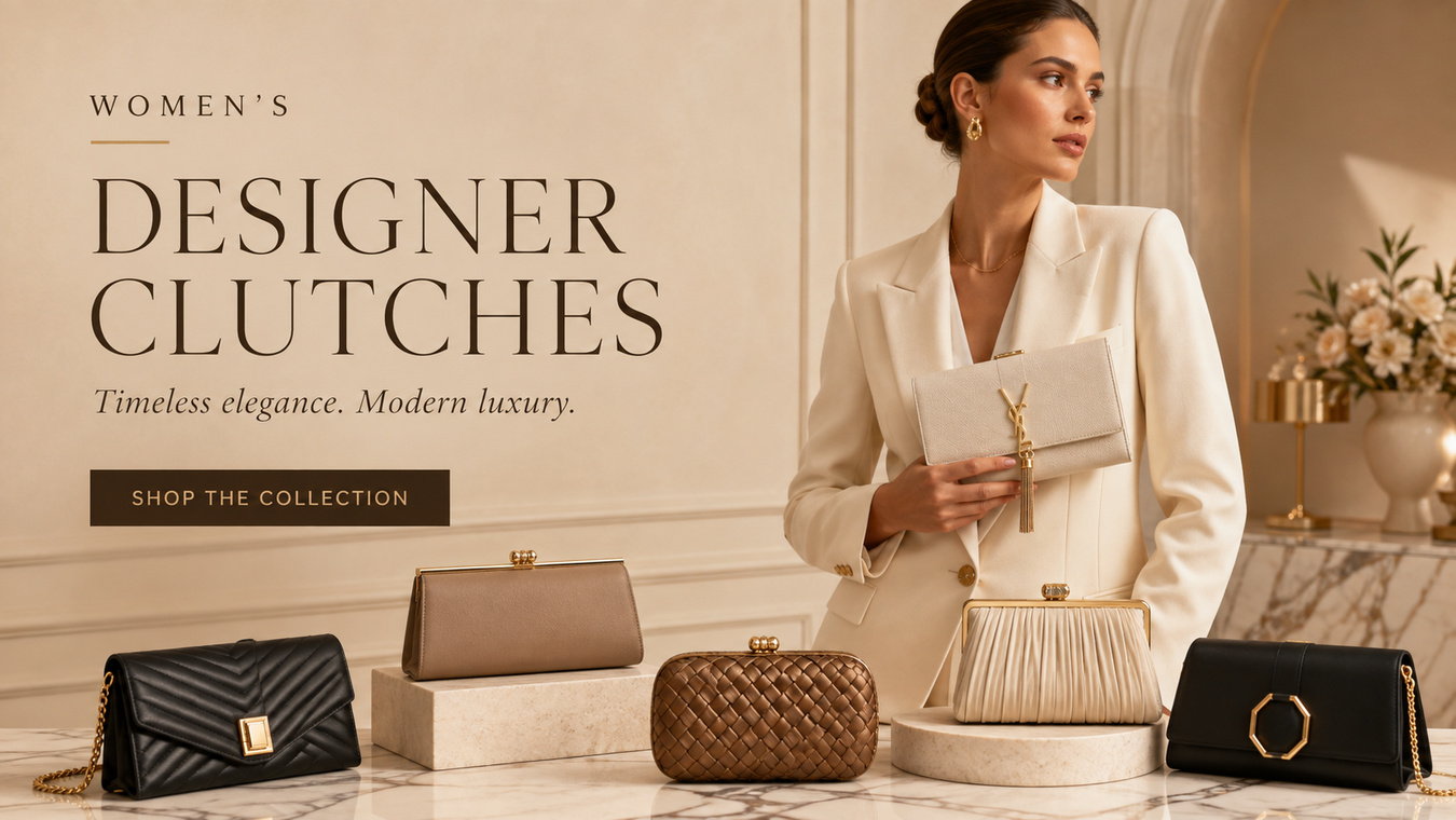 Stunning array of Women's Designer Clutches displayed elegantly, featuring luxurious materials and modern designs for timeless elegance, perfect for any occasion.