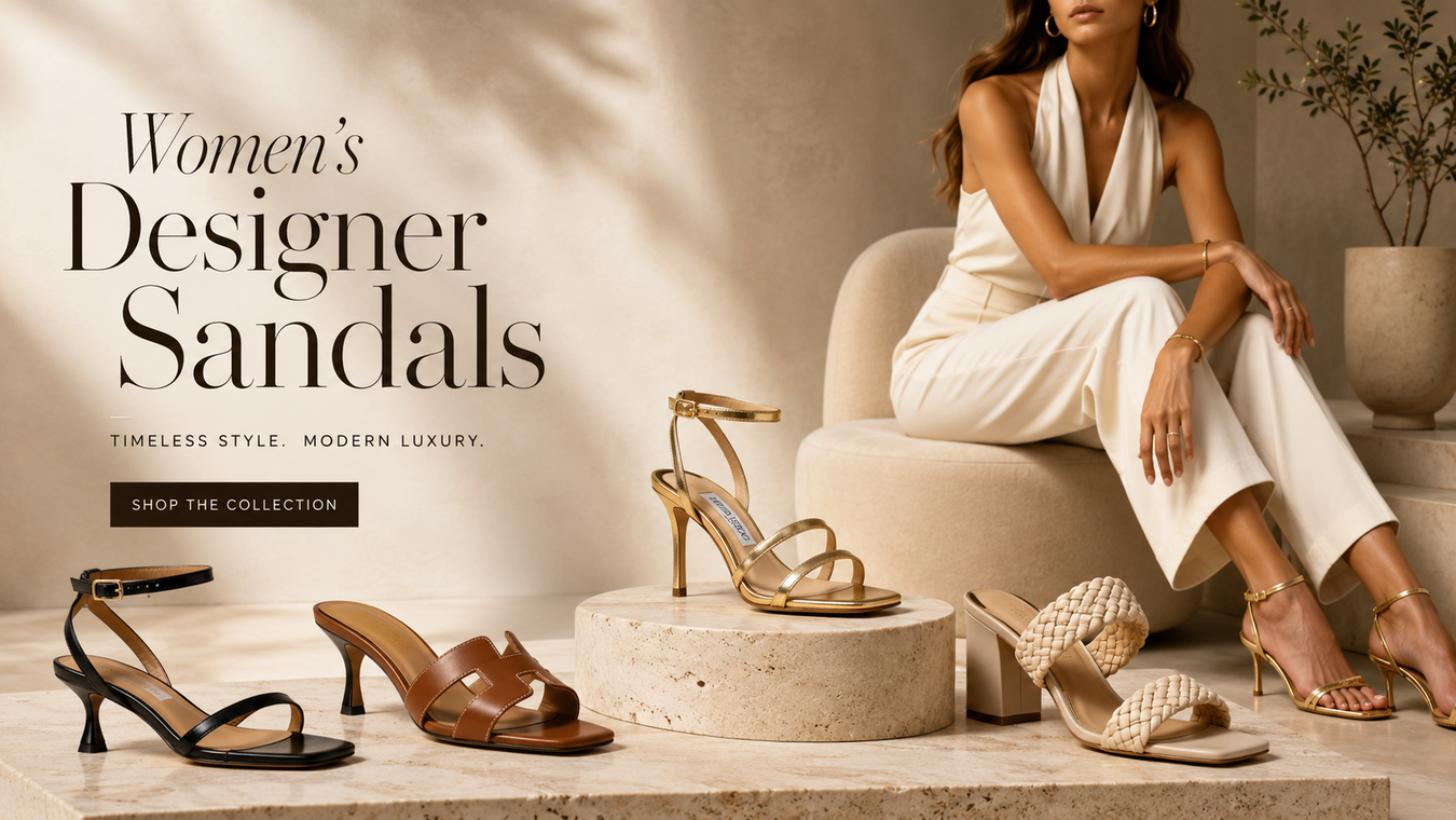 A stylish display of Women's Designer Sandals featuring elegant options such as black strappy sandals, sophisticated heeled sandals, and chic flat sandals, perfectly showcasing modern luxury and timeless style.