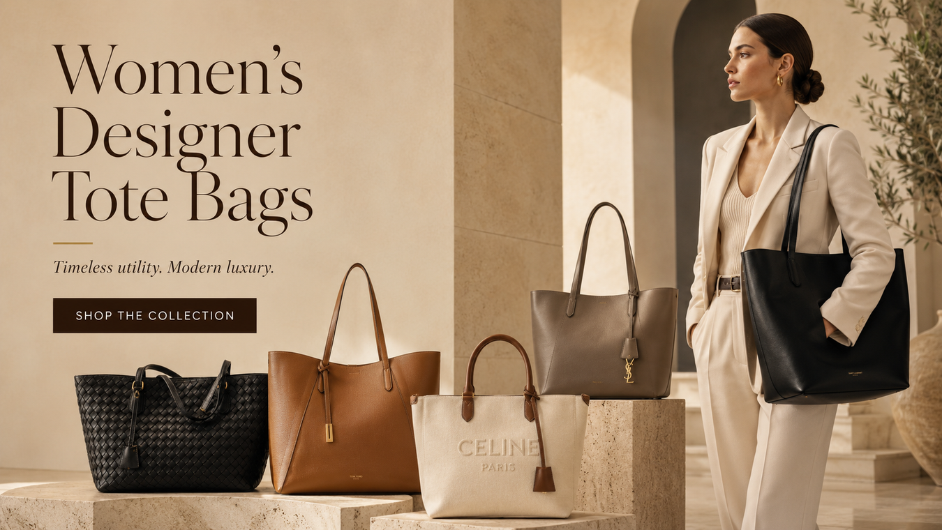 Showcase of Women's Designer Tote Bags featuring a stylish model in an elegant setting, highlighting a variety of luxurious totes. Discover timeless utility and modern luxury with our exclusive collection.