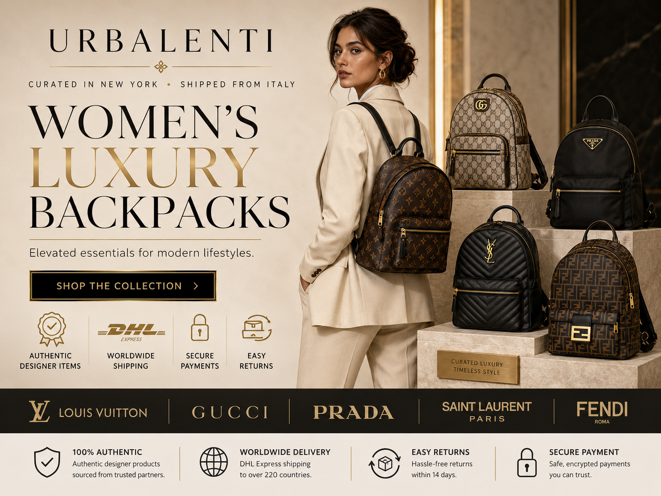 Stylish woman showcasing a collection of Women's Luxury Backpacks, featuring designer brands like Gucci, Louis Vuitton, and Prada. Elevate your modern lifestyle with high-quality, authentic backpacks. Shop now for exclusive designs.