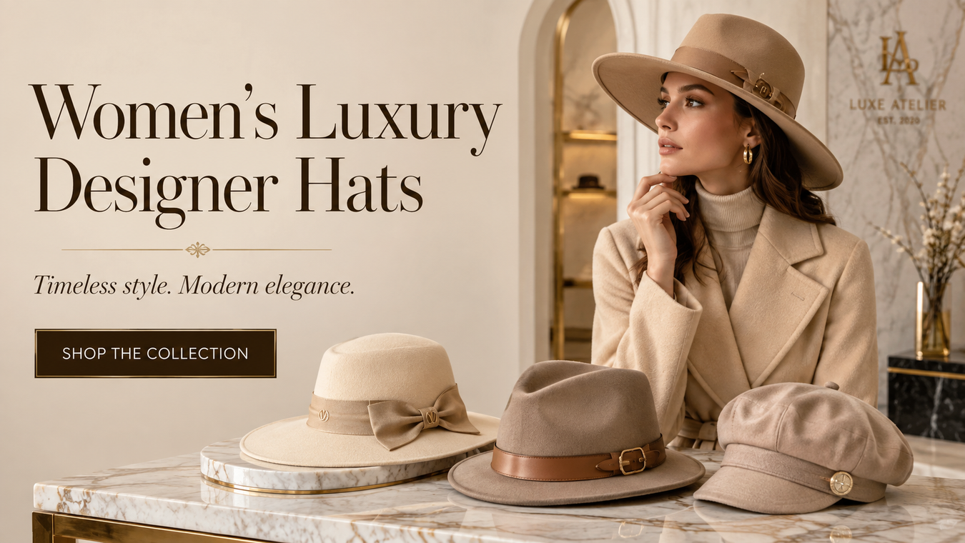 Showcasing a collection of Women's Luxury Designer Hats, featuring a stylish array of fashionable hats displayed elegantly on a table, embodying timeless style and modern elegance.