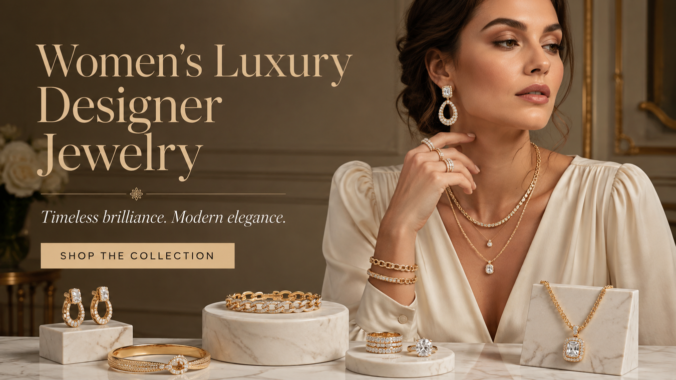 Elegant display of Women's Luxury Designer Jewelry featuring sparkling earrings, necklaces, and bracelets, showcasing timeless brilliance and modern elegance. Shop the exclusive collection now!