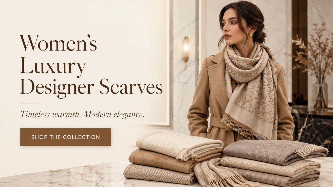 A stylish woman showcasing Women's Luxury Designer Scarves in an elegant setting. The display features an array of luxurious scarves, emphasizing timeless warmth and modern elegance.