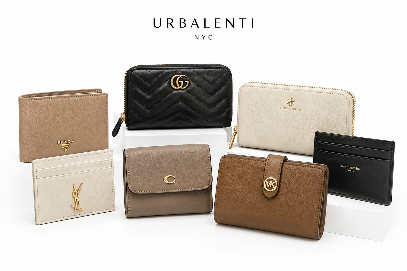 Women's Designer Wallets collection featuring luxury black, beige, tan, and brown wallets and cardholders in assorted styles. Women's Designer Wallets | Shop now at Urbalenti NYC