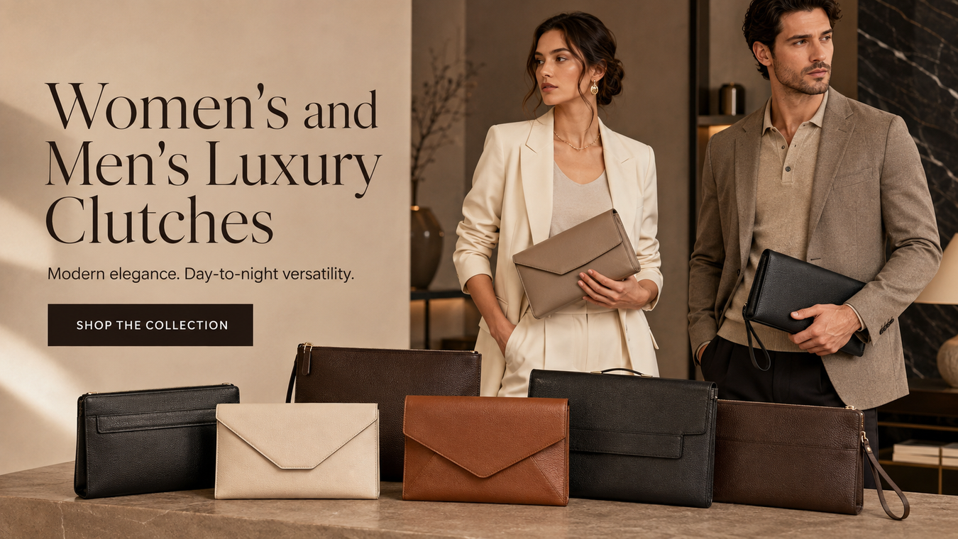 Stylish display of Women's and Men's Luxury Clutches showcasing modern elegance and day-to-night versatility, featuring a range of premium clutch bags.