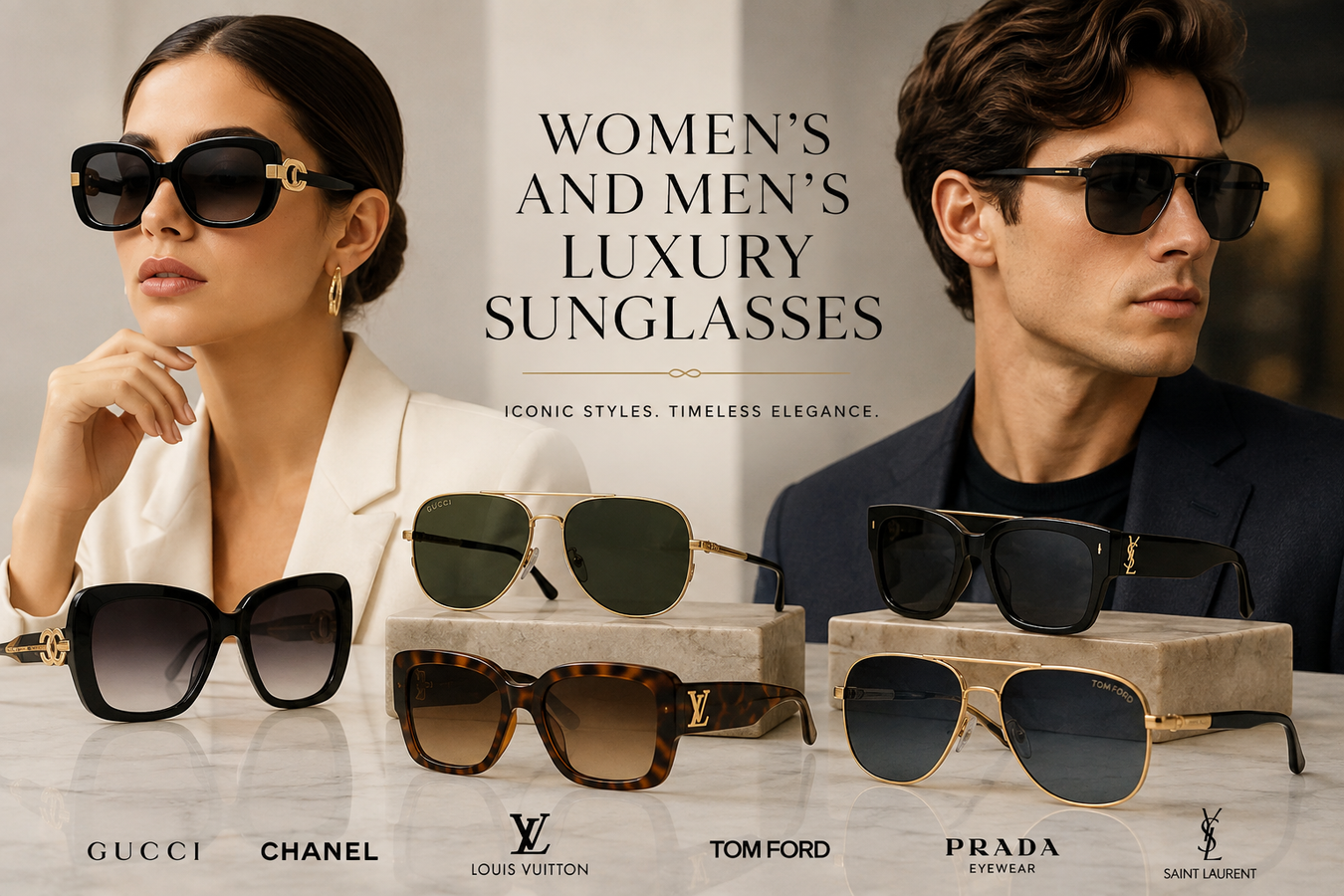 Stunning display of luxury designer sunglasses including styles from Gucci, Chanel, Louis Vuitton, Tom Ford, and Saint Laurent. This collection showcases women's and men's luxury designer sunglasses, epitomizing iconic styles and timeless elegance.