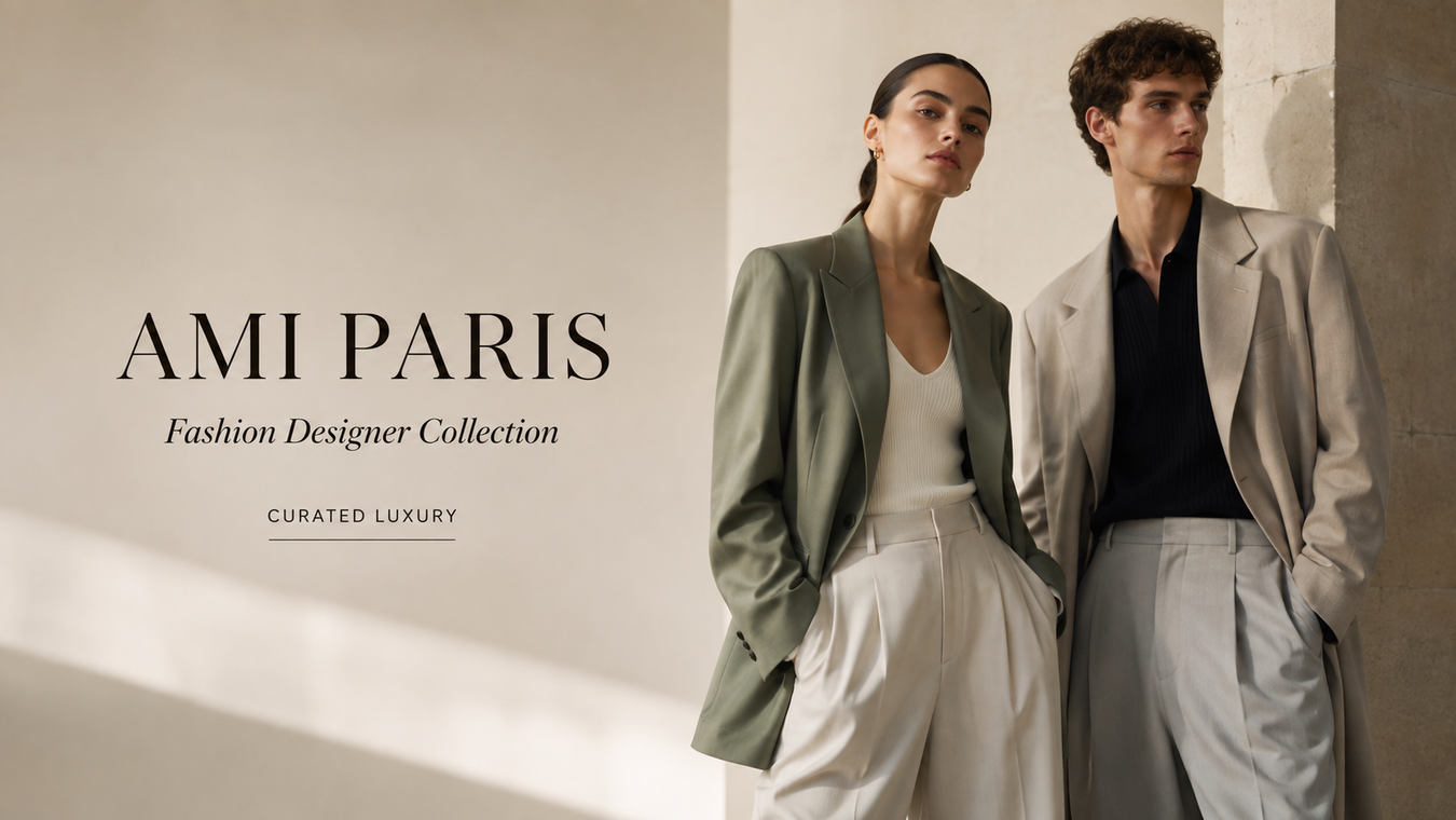 Ami Paris fashion designer collection featuring a woman and man in refined neutral-toned tailored clothing, showcasing the label’s signature Parisian elegance.