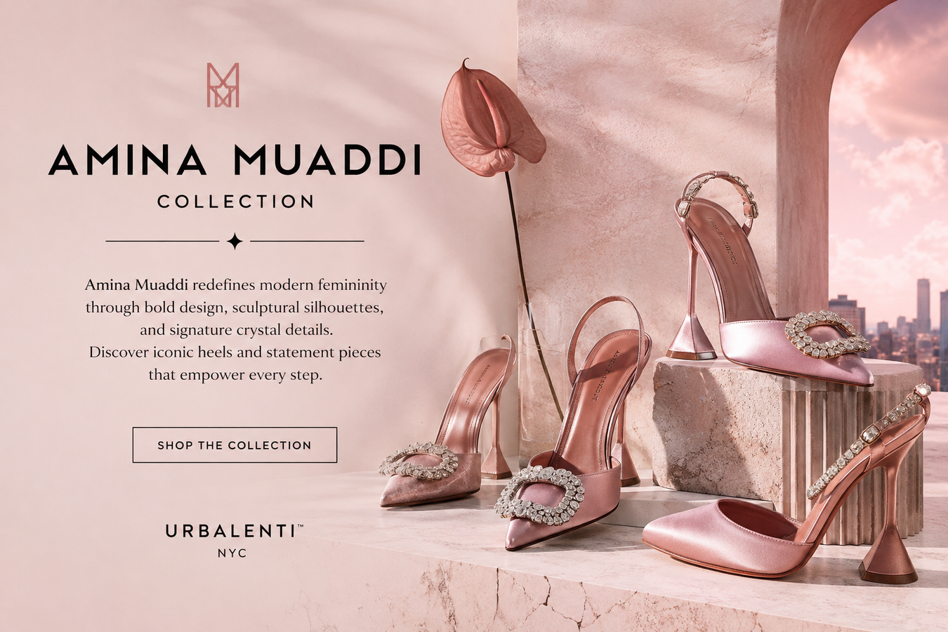 Amina Muaddi collection featuring sculptural pink high heels, embellished pumps, strappy sandals, and signature geometric heels displayed against a soft blush cityscape backdrop.