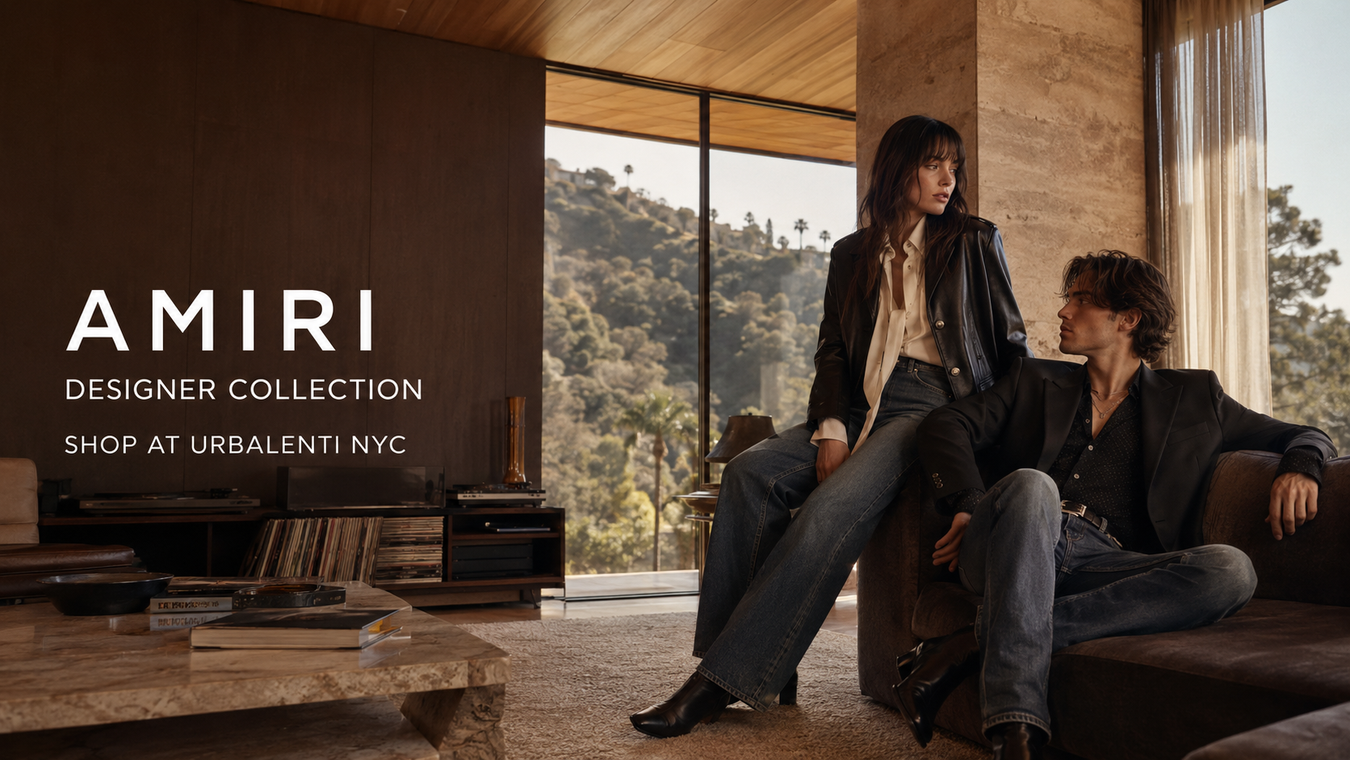 Amiri designer collection featuring stylish models in a modern luxury interior with Amiri clothing and jeans; Shop Amiri Clothing & Jeans Now at Urbalenti NYC.