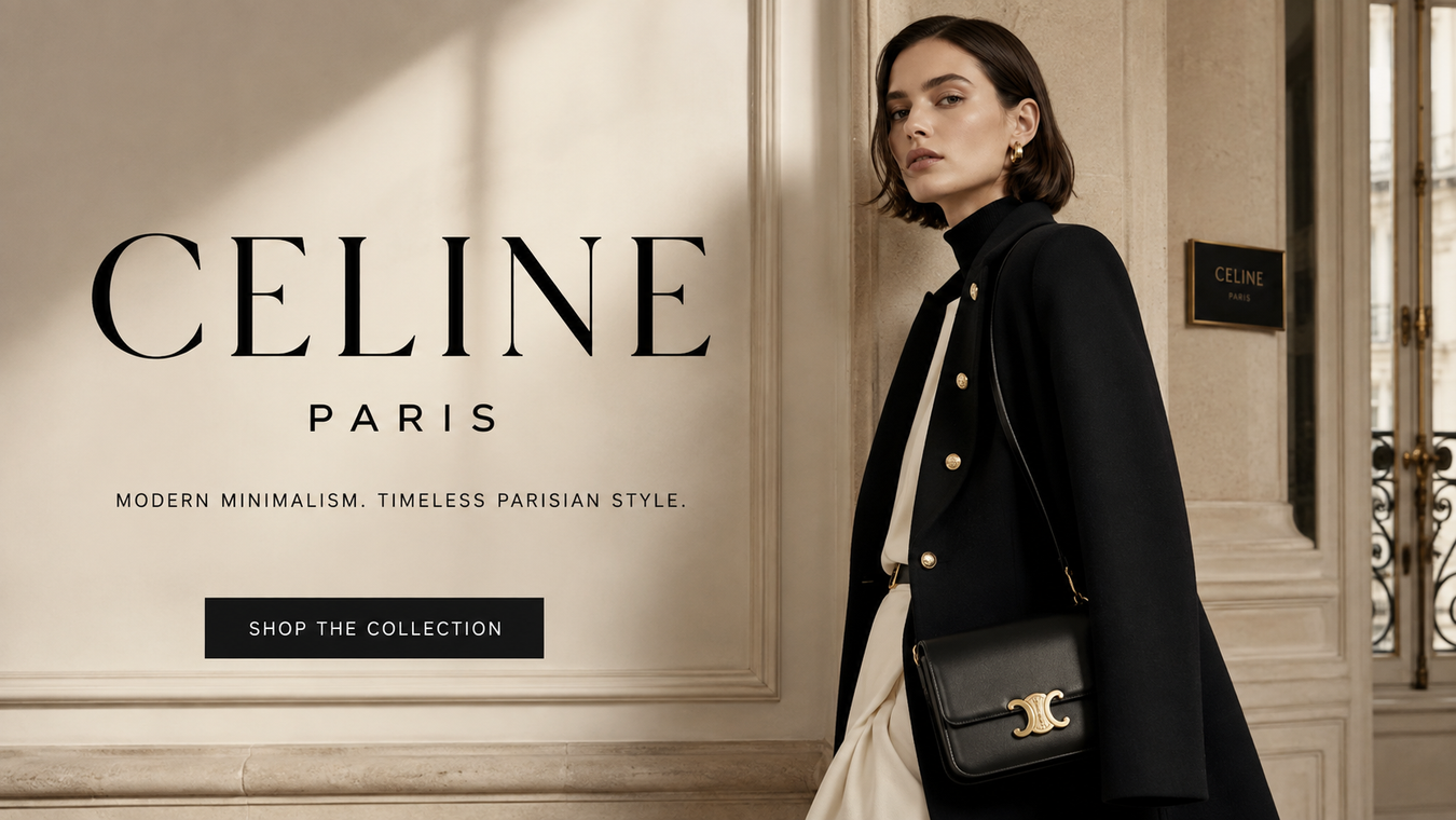 Celine collection image featuring a model showcasing modern minimalism and timeless Parisian style, adorned in an elegant coat with a Celine handbag, promoting the luxury and sophistication of Celine's designs.
