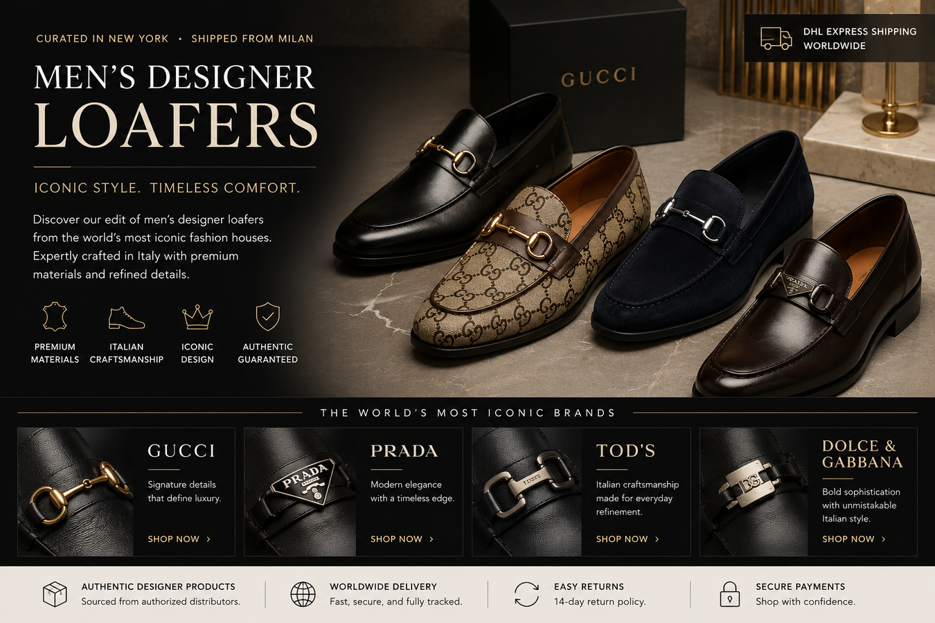 Men's Designer Loafers showcasing luxury styles from top brands like Gucci, Prada, and Brunello Cucinelli, featuring elegant calfskin and suede slip-on designs, perfect for sophisticated fashion.
