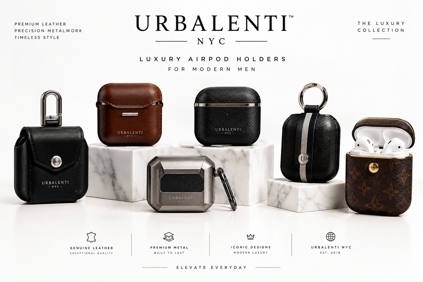 Designer Airpod Holders for Men featuring luxury leather AirPods cases in black, brown, and monogram designs, showcased in a premium Urbalenti NYC collection. Shop Designer AirPod Holders for Men at Urbalenti NYC.
