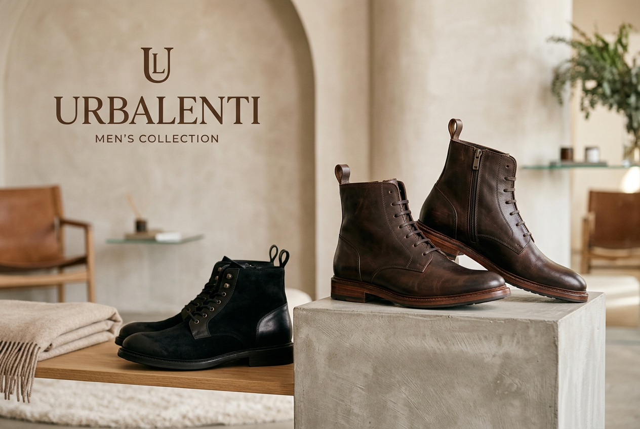 Designer Ankle Boots for Men featuring black and brown leather lace-up ankle boots displayed in a stylish Urbalenti interior. Shop Designer Ankle Boots for Men shipped from Italy at Urbalenti.