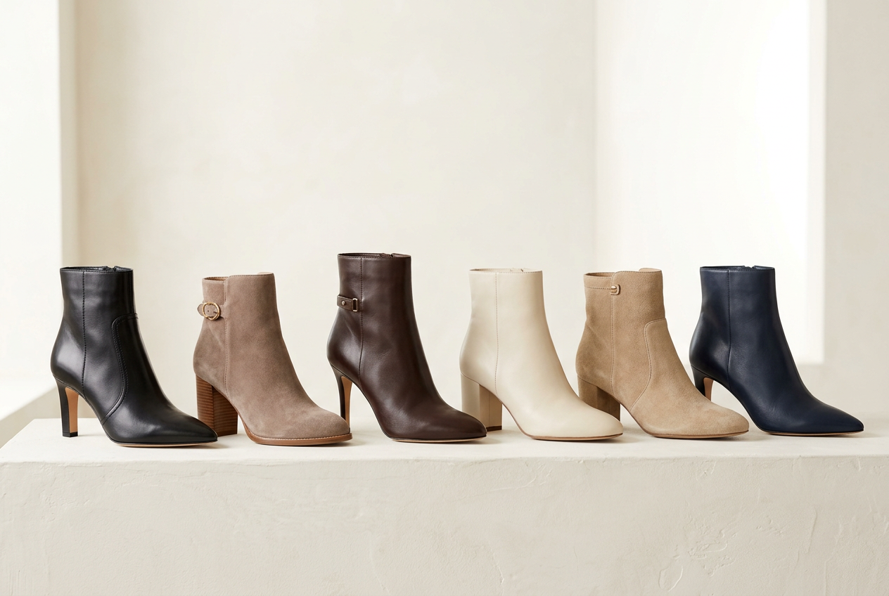 Designer Ankle Boots for Women | Shop at Urbalenti — curated display of black, brown, beige, taupe, and navy leather ankle boots in elegant designer styles.