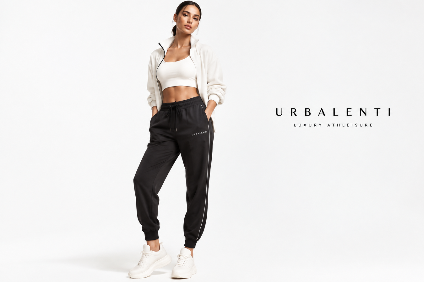 Woman wearing black athletic jogger pants with a white jacket, crop top, and sneakers — Designer Athletic Pants for Women. Shop Designer Athletic Pants for Women at Urbalenti.