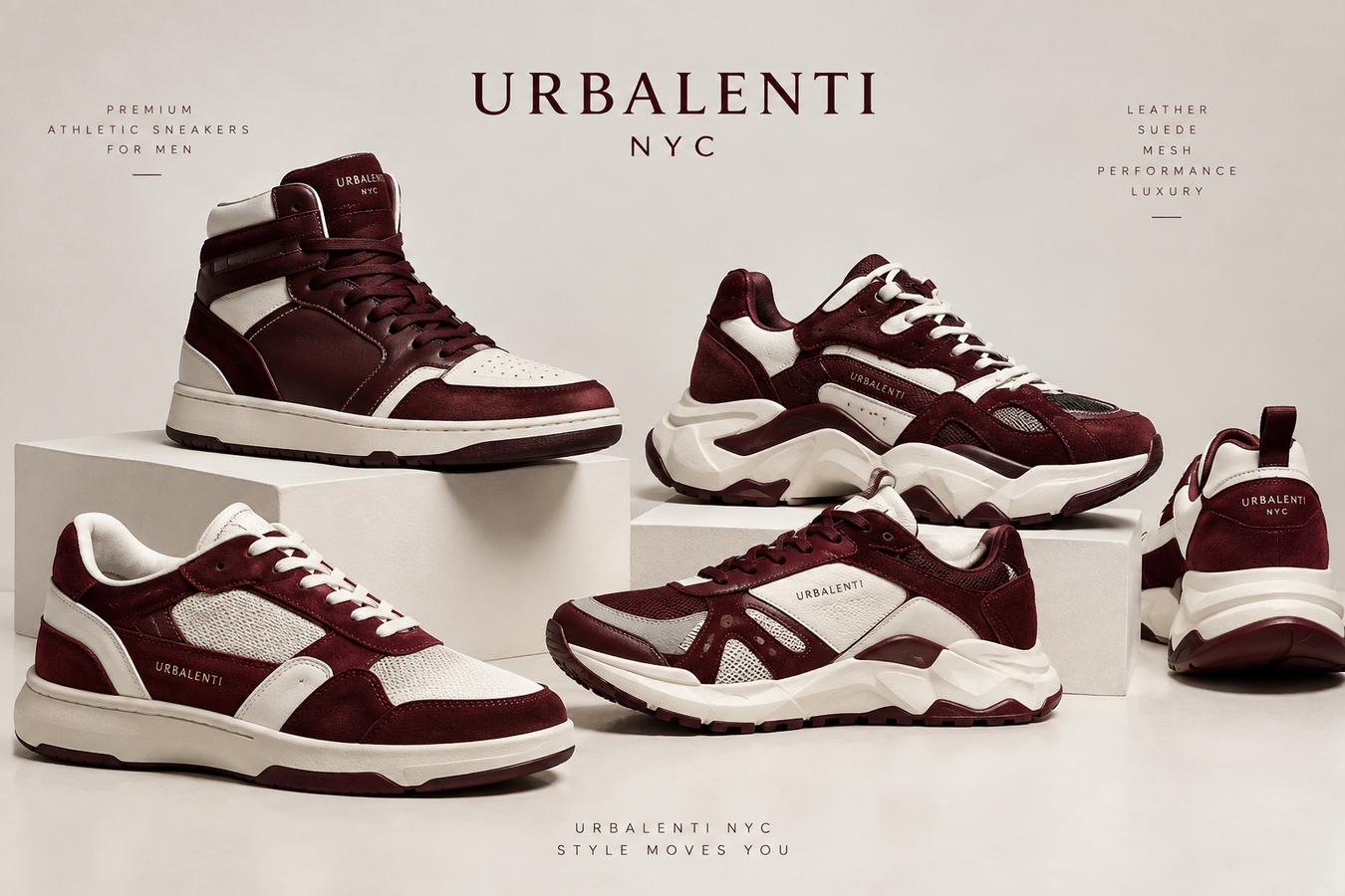 Designer Athletic Sneakers for Men featuring a curated collection of burgundy, white, and brown high-top and low-top sneakers displayed on modern platforms — Designer Athletic Sneakers for Men | Shop at Urbalenti NYC