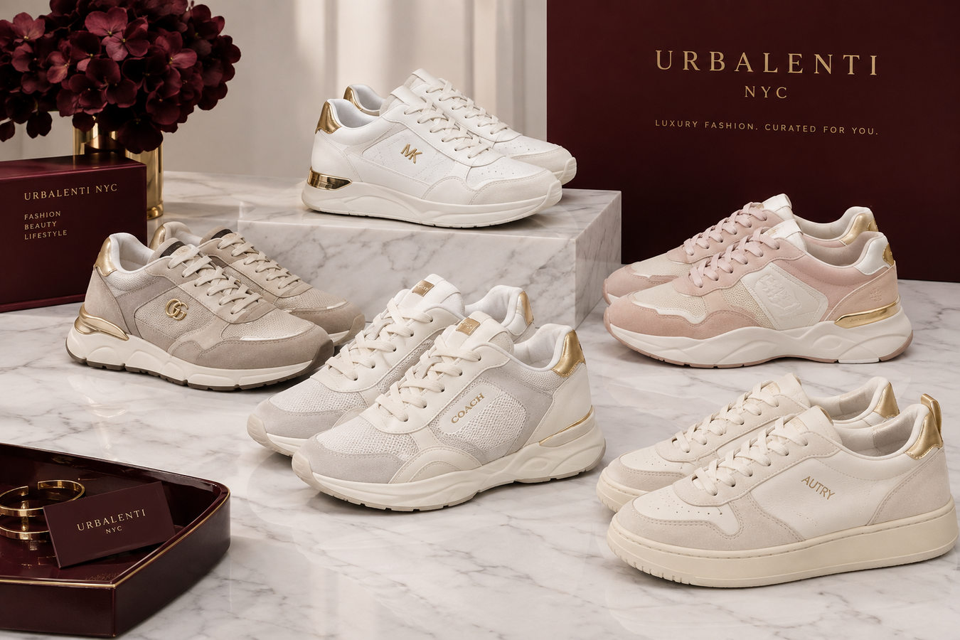 Designer Athletic Sneakers for Women collection featuring six stylish white, beige, and blush sneakers displayed on marble pedestals; Shop Designer Athletic Sneakers for Women at Urbalenti NYC.